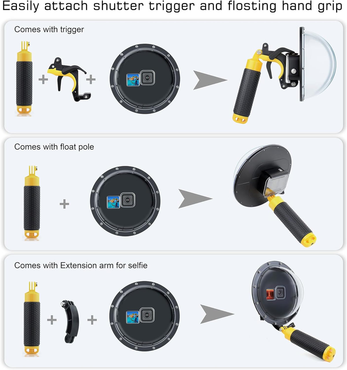 Dome Port for GoPro Hero 9 10 11 12 13 Black- Underwater Waterproof Dome Port Housing Case + Floating Hand Grip + Trigger Accessories for GoPro Action Cameras