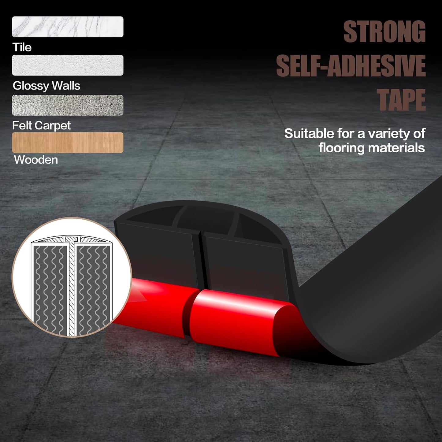 Floor Cord Cover Self Adhesive Cord Hider,3.3FT Cable Management, Extension Strip Protector for Wires, Prevent Cable Trips for Offices, Gyms, Exhibitions Cavity:0.47"(W) x 0.35"(H) Black