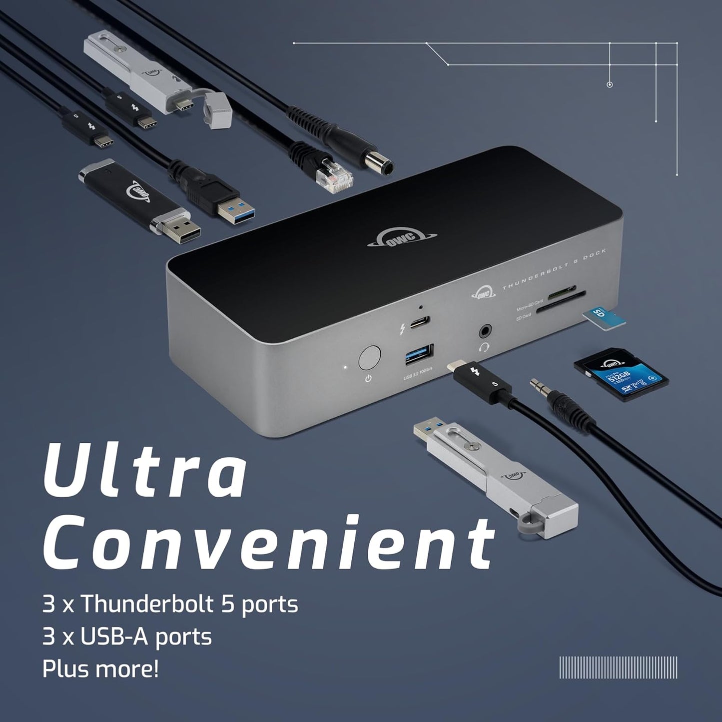 OWC 11-Port Thunderbolt 5 Docking Station, 2.5GbE, SD/Micro-SD Card Reader, Audio in/Out Jack, USB 3.2 Type-A Ports, 140W Power Delivery