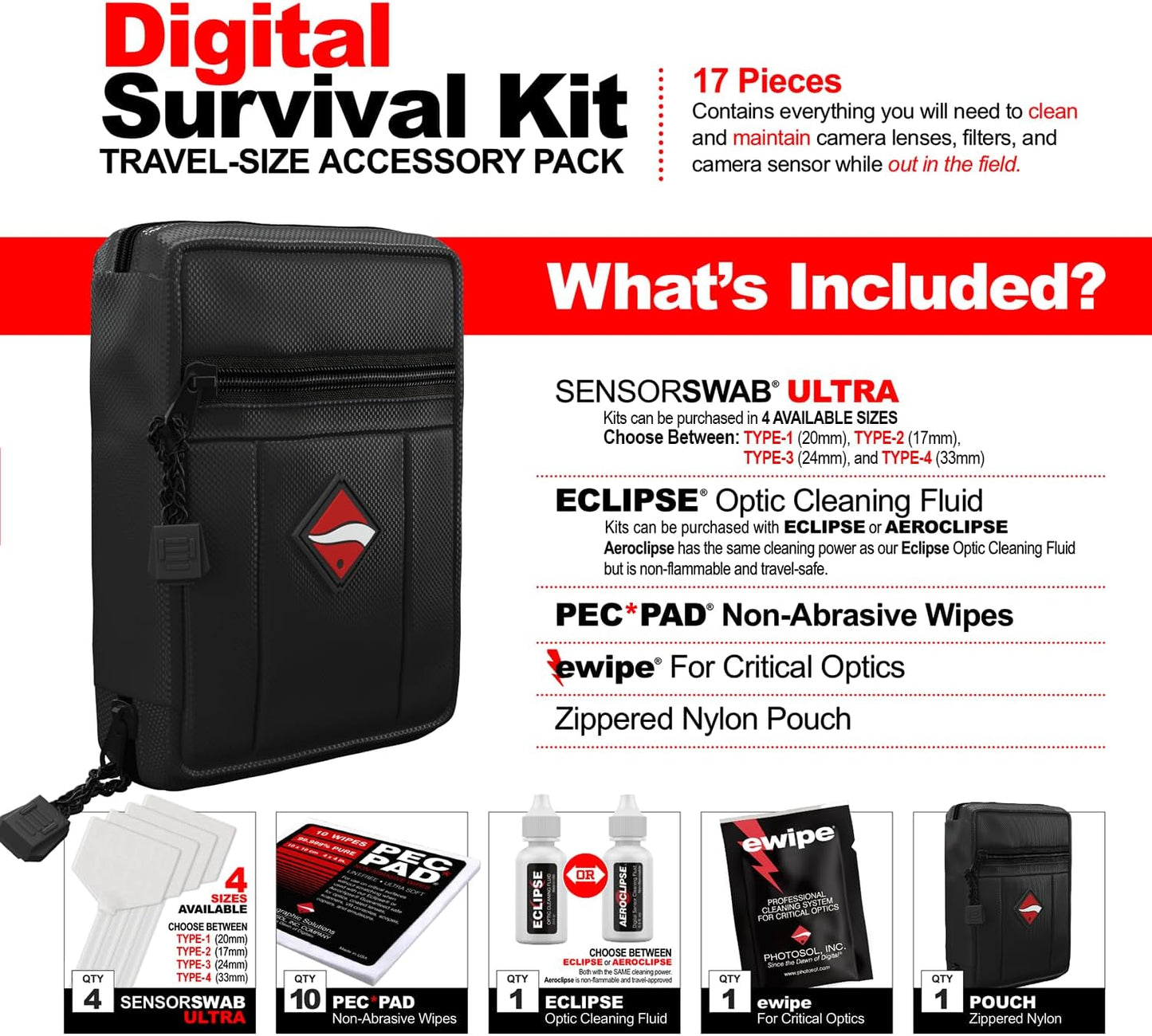 Photographic Solutions Digital Survival Kit - Type-4 (33mm) Sensor Swabs, PEC-PAD Photo Wipes, E-Wipe Packet, Eclipse Optic Cleaning Fluid - Camera Cleaning Kit with Travel Bag