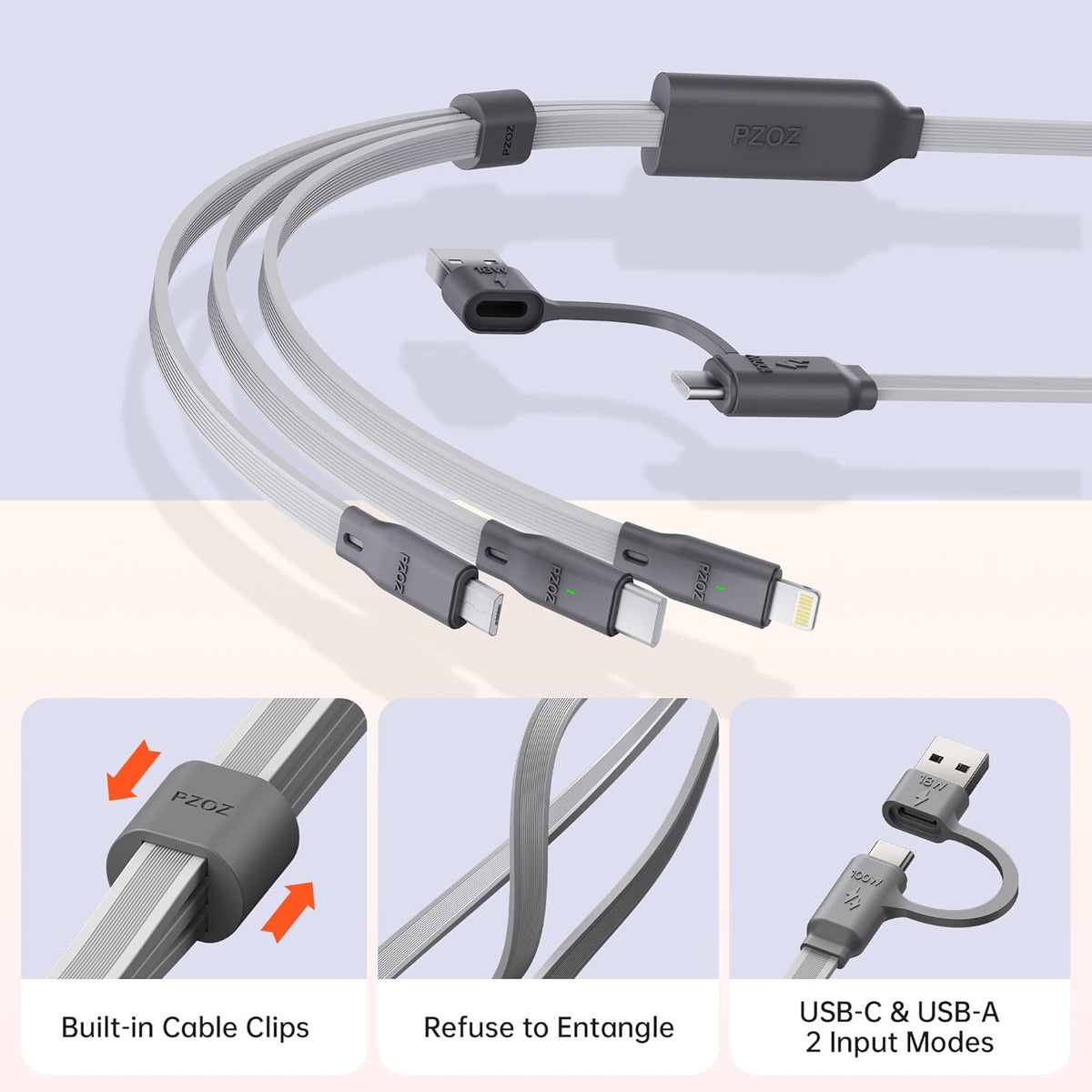 PZOZ 100W USB C & USB A Charging Cable, 3 in 1 Multi Fast Charging at The Same Time, Multiple Charger Cord with Type C[100W]/Lightning[27W]/Micro[10W] for iPhone 16 15 14 iPad Pro MacBook Samsung