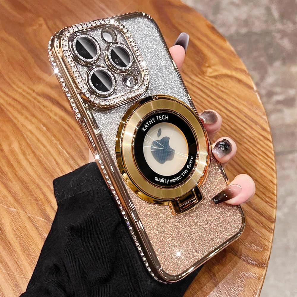 Magnetic Kickstand (Glitter Lens Protector ) Case for iPhone 15 14 13 12 Pro Max (Compatible with Magsafe ) Sparkling Diamond Cover Glitter Shiny Rhinestone Cases (Gold,for iPhone 15 Plus)