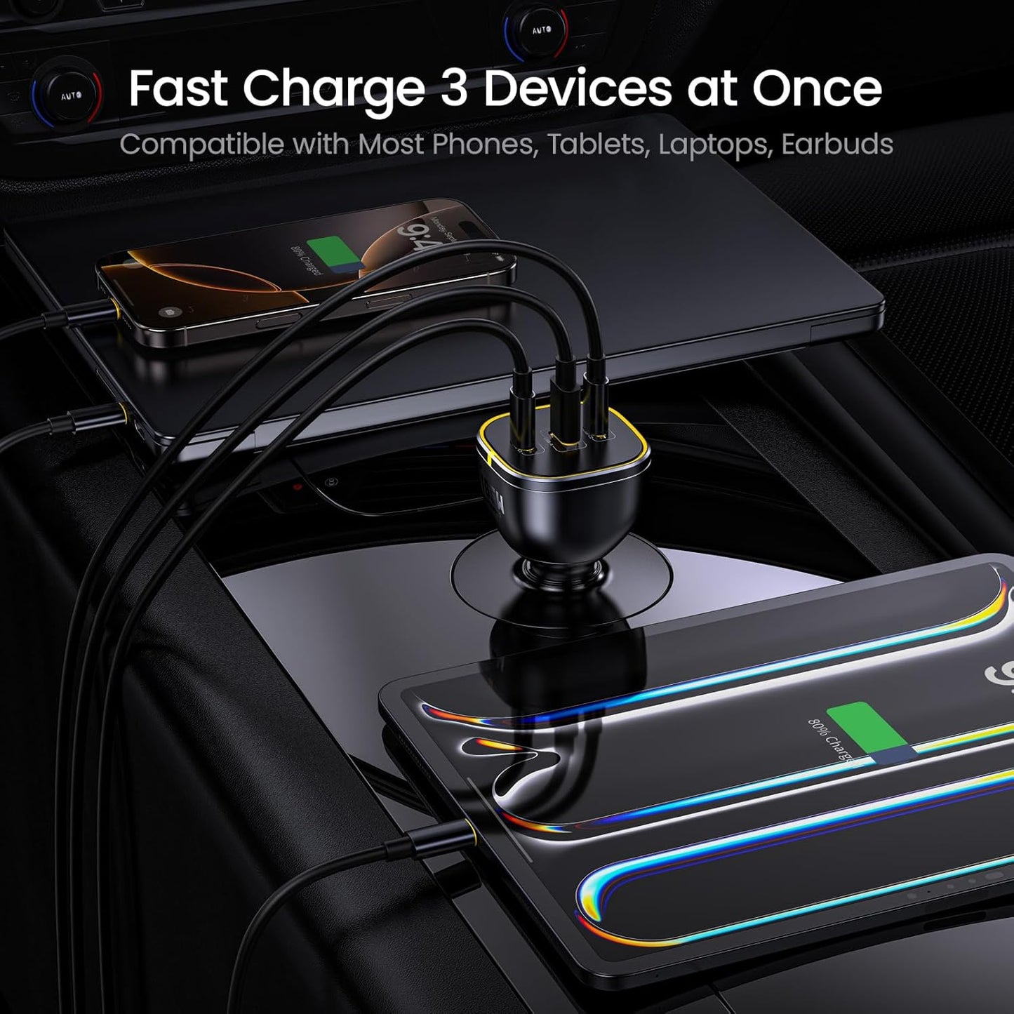AOHI 165W Laptop Car Charger Adapter 140W PD 3.1/ 100W PD 3.0 USB C Super Fast Charging PPS 45W 3-Ports QC5.0 Car Lighter Charger for MacBook Pro, iPhone 16/15, Galaxy S24 Ultra, iPad, Black