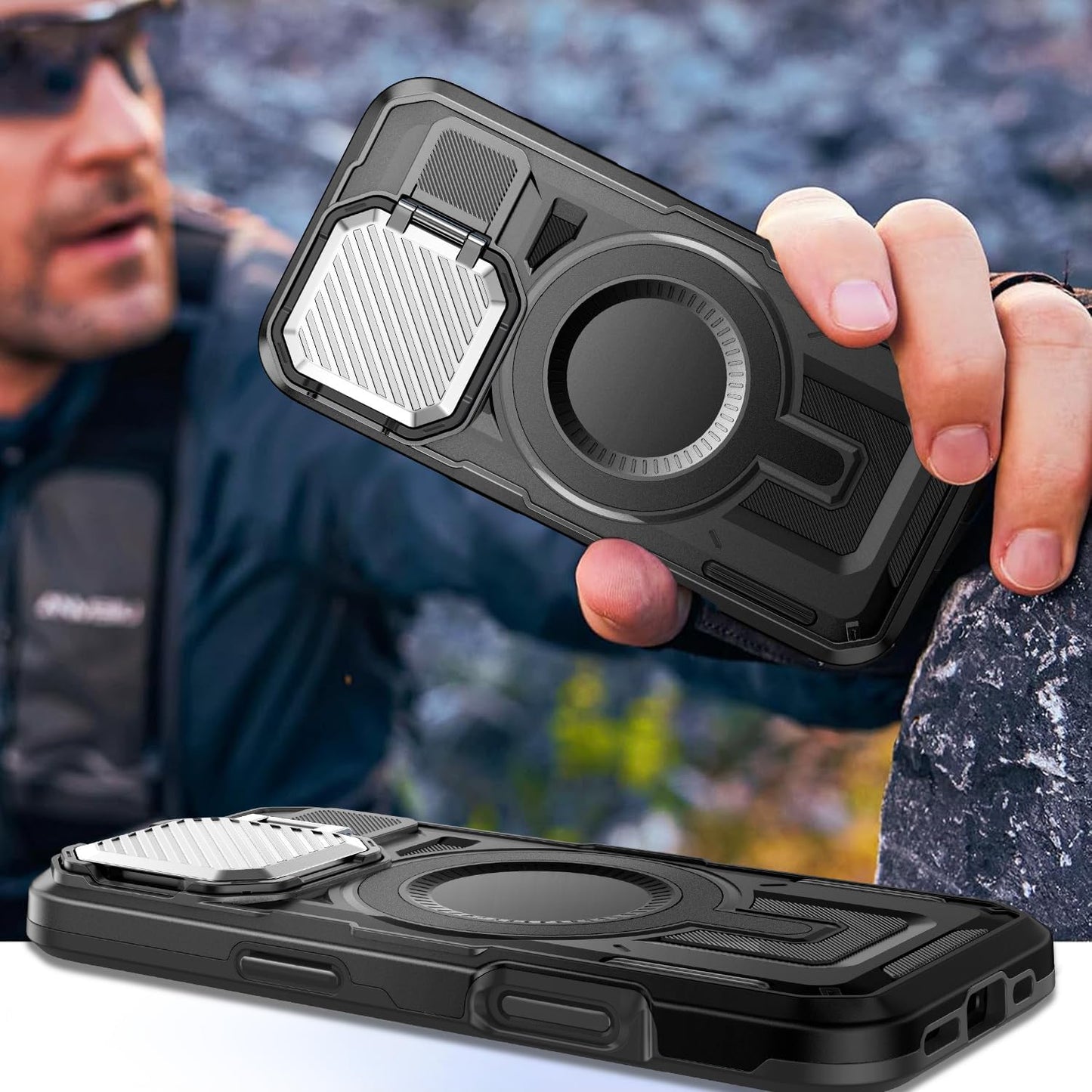 Camera Stand Case for iPhone 16 Plus, [Compatible with Mag Safe] [Lens Cover] 2024 Version Military Grade Protective Soft Case for iPhone 16 Plus 6.7 inch Men Women, Black
