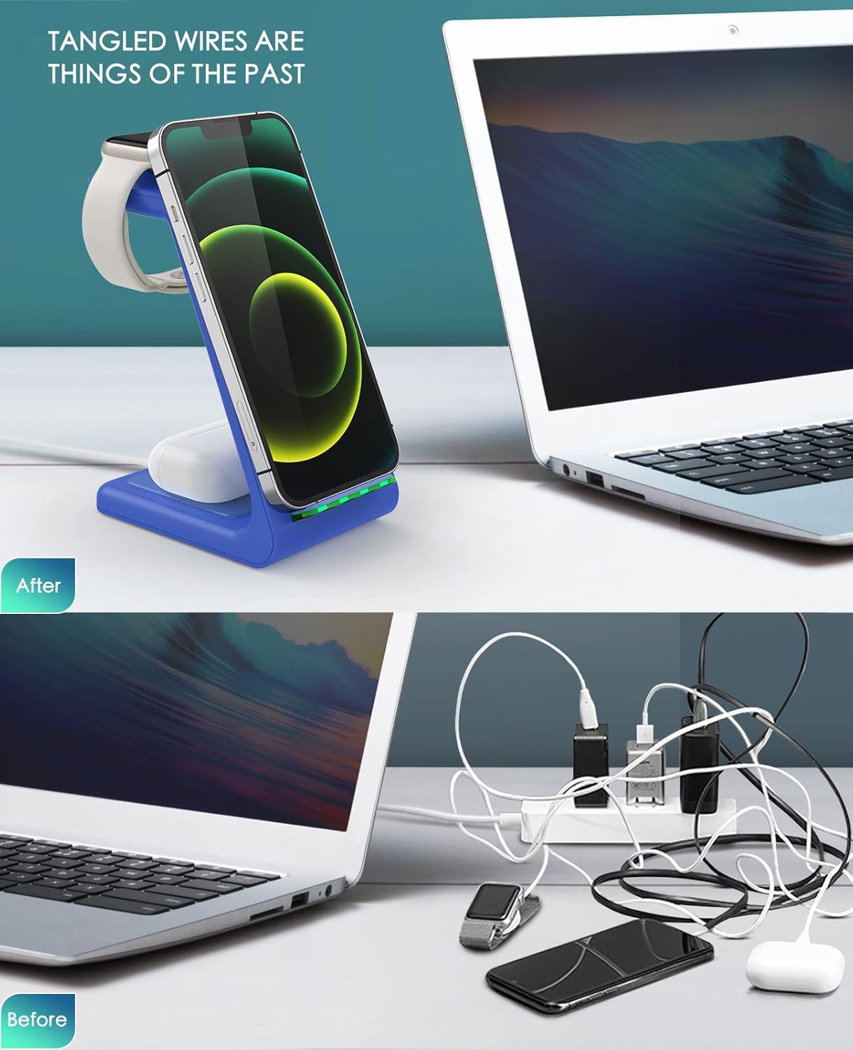 3 in 1 Wireless Charging Station, 2025 Upgraded Fast Desk Charger Station for iPhone 16 15 14 13 12 Pro Max Plus, Charger Stand for Apple Watch 10 9 8 7 6 5 4 3 2 SE, Airpods 4 3 2 Pro(Blue)