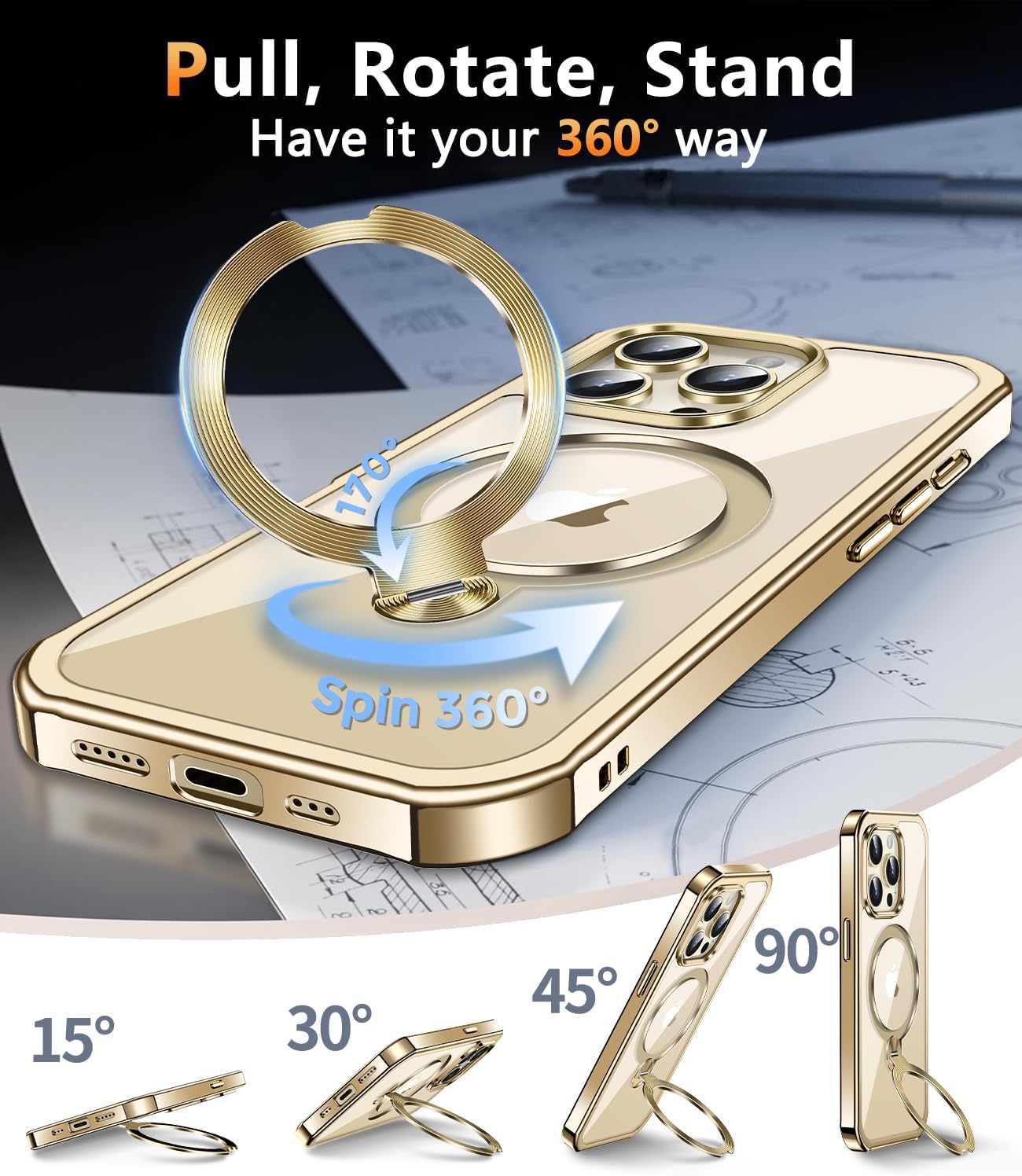 [360° Rotatable CD Stand & Built-in Privacy Screen Magnetic Case for iPhone 13 Pro [Compatible with MagSafe & Full Signal] Mil-Grade Shockproof Full Body Anti-Spy Cover for 13 Pro-Gold