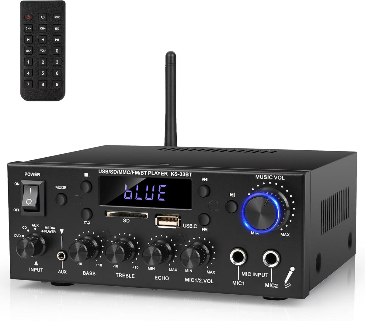 Romica Stereo Audio Amplifier, 2 Channel 500W Bluetooth 5.0 Home Theater Power Amplifier with FM, Echo, AUX, USB, SD, MIC Inputs, HiFi AMP for Passive Speakers and Active subwoofer