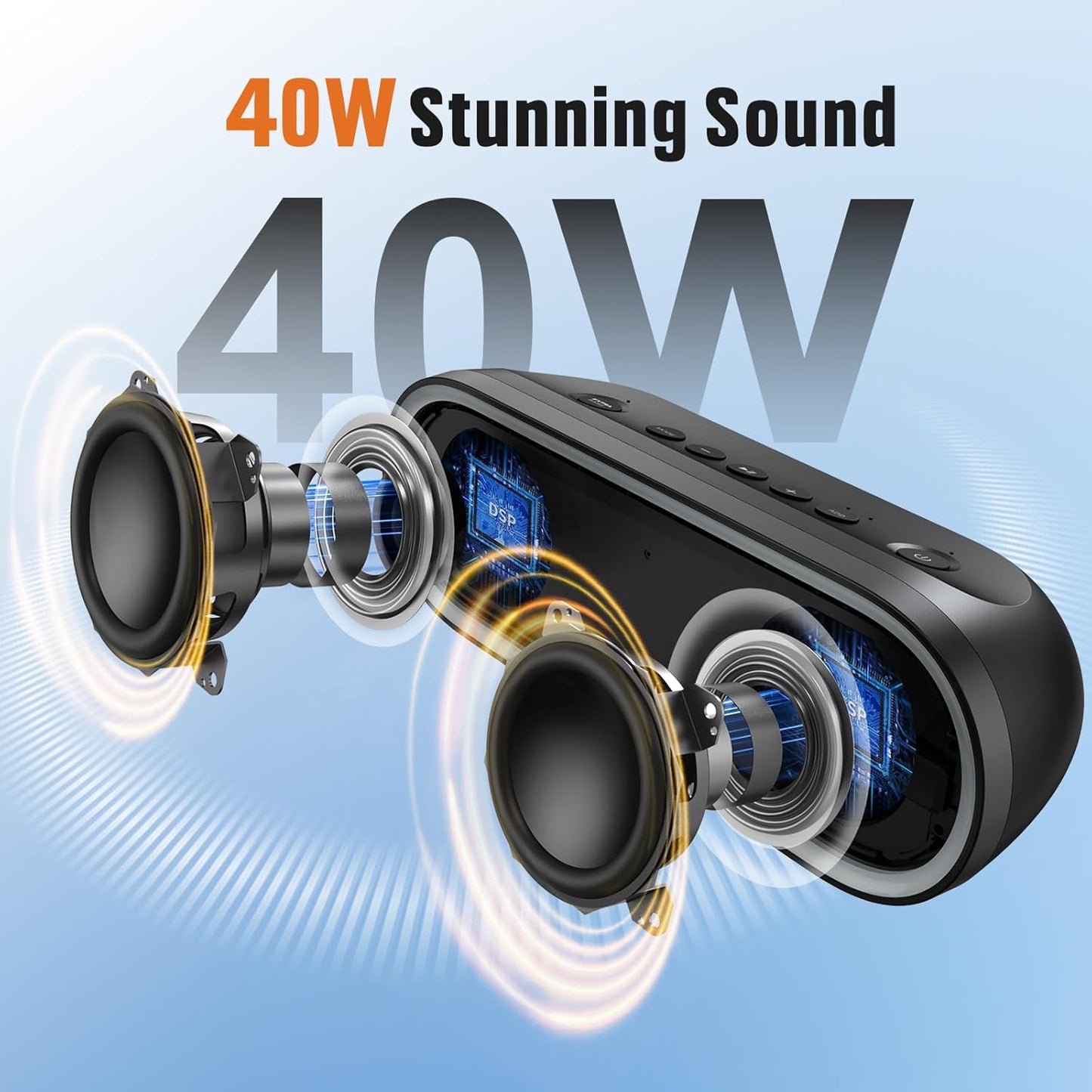 DOSS SoundBox Pro+ P300 Bluetooth Speaker with 40W Stereo Sound, Extra Bass, IPX6 Waterproof, TWS Pairing, Diverse Lights Show, 20H Playtime, BT 5.3 Speaker for Party, Camping, Beach - Blue