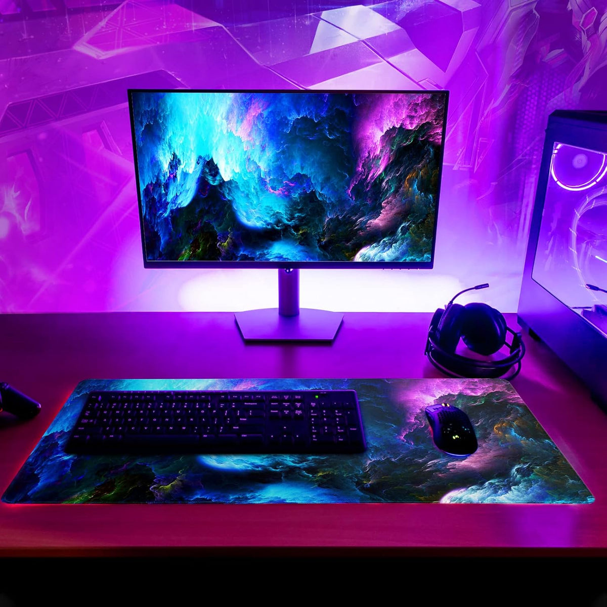 Dazzling Galaxy Gaming Mouse Pad 31.5x11.8 Inch Blue Purple Galaxy Nebula Universe Space Large Mousepad Non-Slip Rubber Base Stitched Edges Keyboard Mouse Mat Desk Pad for Office Home and Game