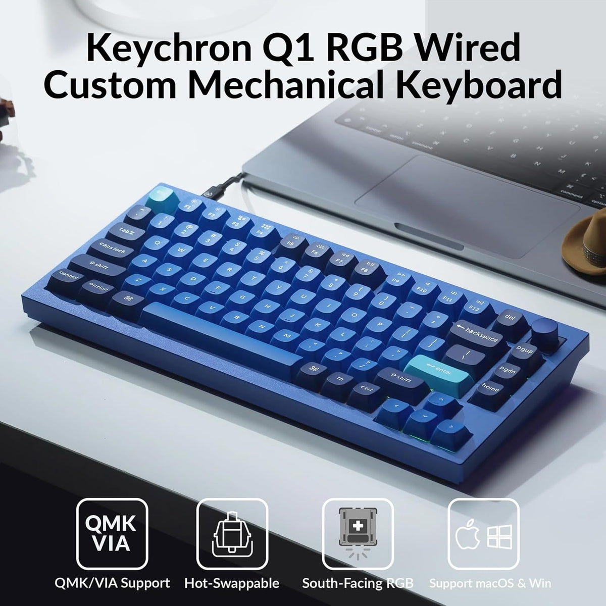 Keychron Q1 RGB Wired Custom Mechanical Keyboard, 75% Layout QMK/VIA Programmable Macro with Hot-swappable Gateron G Pro Blue Switch Double Gasket Compatible with Mac Windows Linux (Blue) -Version 2