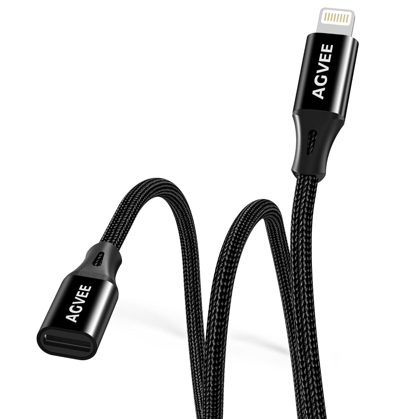 AGVEE 4 inch Lightning Extension Cable, Braided Female to Male Extender Full Function Cord Compatible with iPhone iPad, Data Sync Video Audio & Charging Connector Adapter, Black