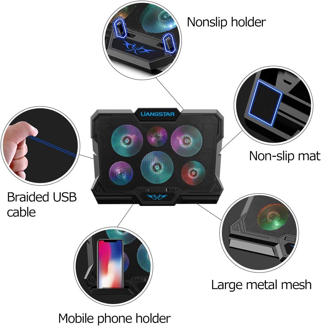 Laptop Cooling Pad, Laptop Cooler with 6 Quiet Fans RGB 7 Color Light for 15.6-17 Inch Laptop Cooling Fan Stand, Portable Slim USB Powered Gaming Laptop Cooling Pad, Switch Control Fan Speed(Black)