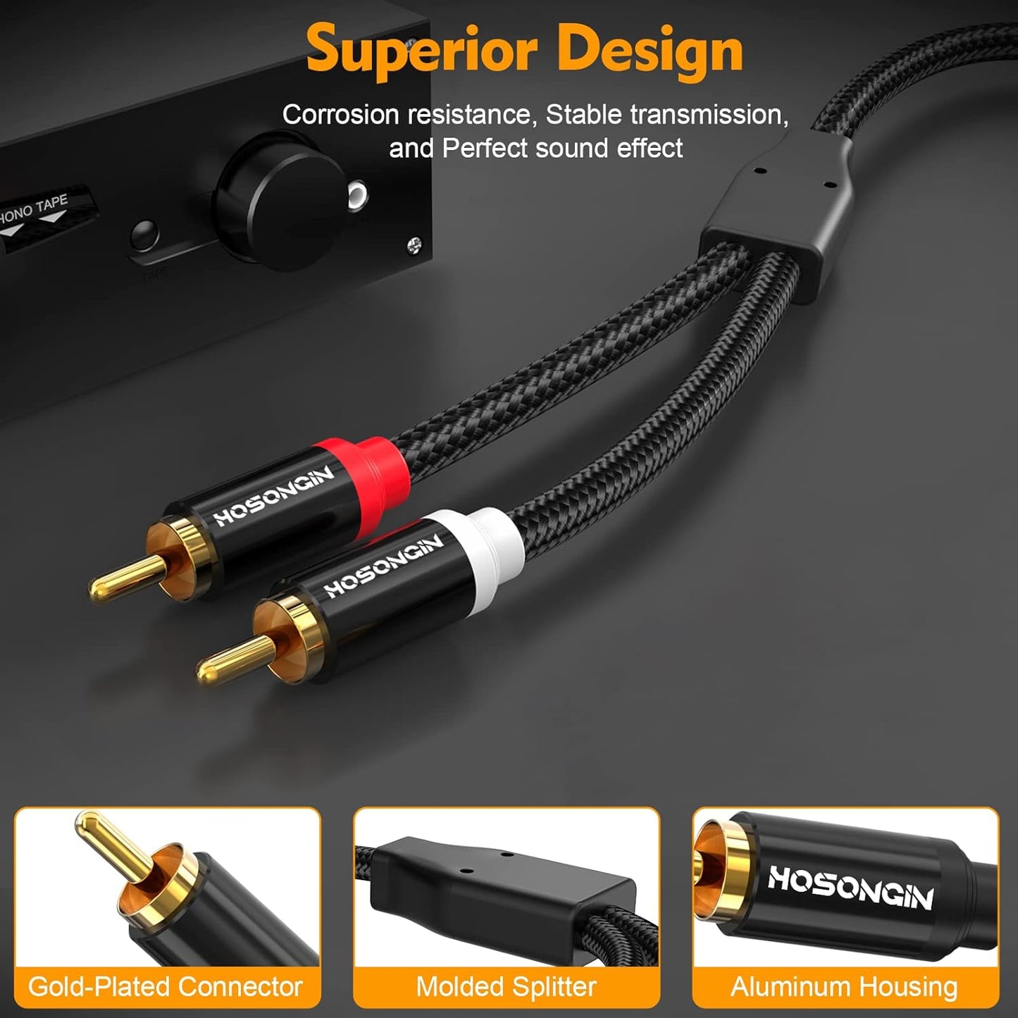 HOSONGIN RCA Cables 25ft 2 Pack[Hi-Fi Sound, Nylon Braided, Shielded], 2-Male to 2-Male RCA Audio Stereo Subwoofer Cable Auxiliary Cord for Home Theater, HDTV, Amplifiers, Hi-Fi Systems, Speakers
