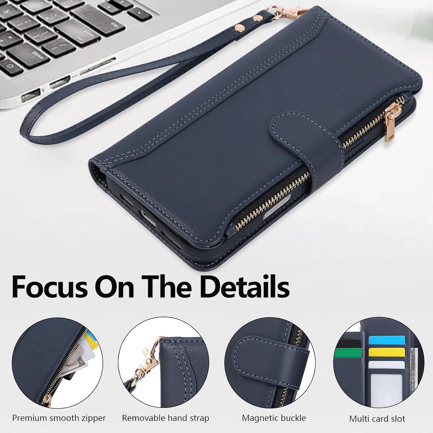 Compatible with iPhone 15 Pro Wallet Phone Case-PU Leather Magnetic Flip Cover with Credit Card Slots,Zipper Pocket & Detachable Wrist Strap,Shockproof Design,for Women and Men-Navy Blue