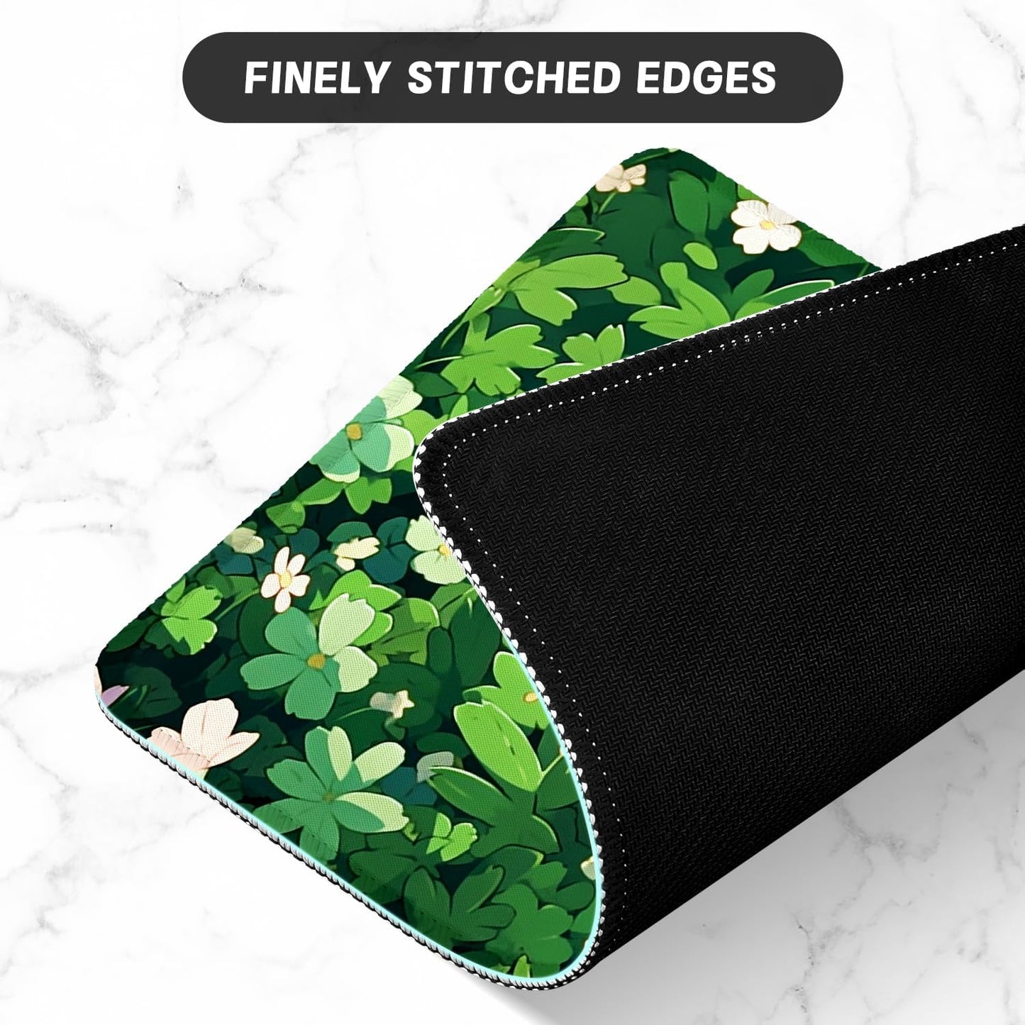 ITNRSIIET Mouse Pad with Stitched Edge Premium Textured Smooth Precise Operation Waterproof Washable Non-Slip Rubber Base Desktop Protection Mat, 10.2×8.3×0.12 inches, Green Leave Cat