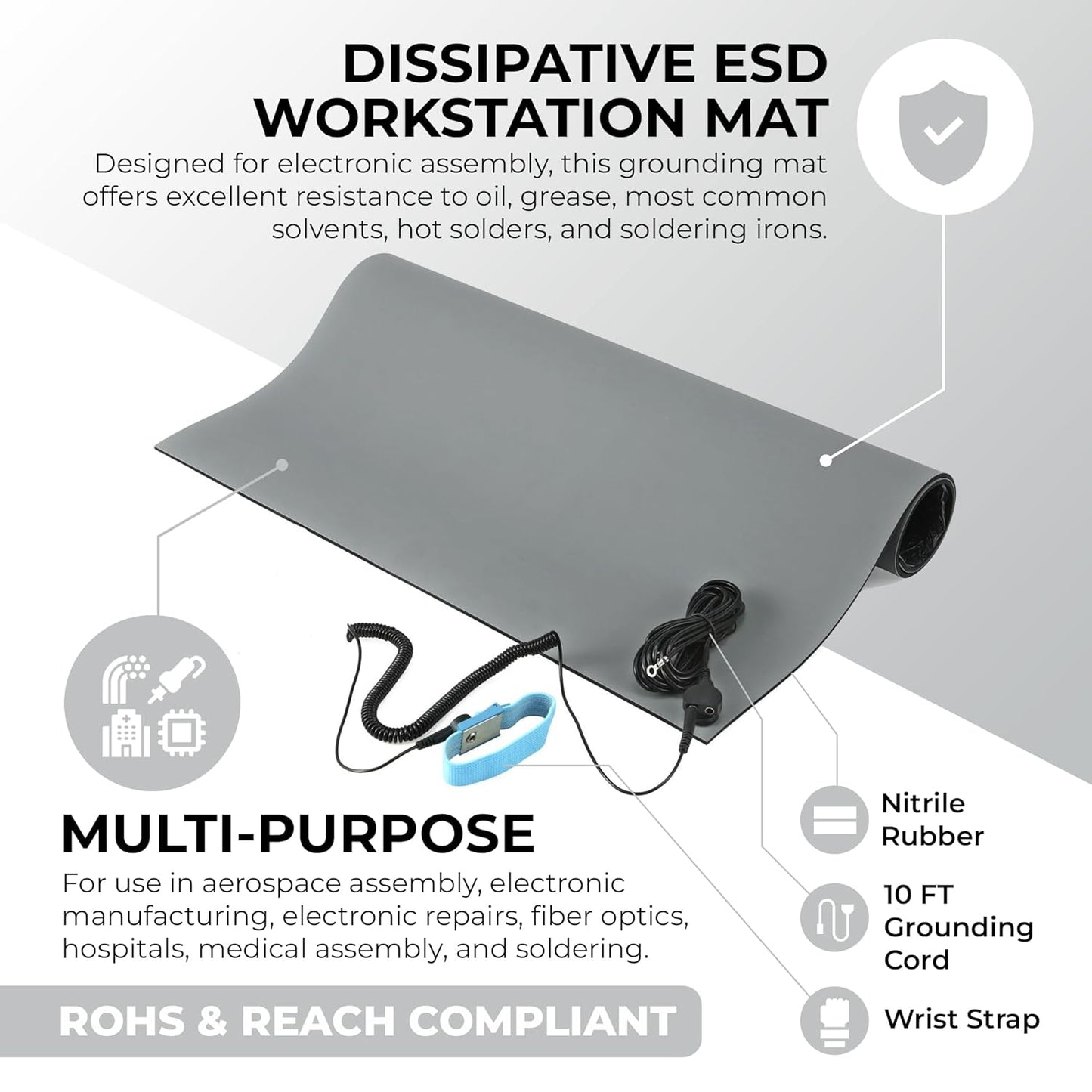 MWRF Source ESD Mat Kit with Wrist Strap and Grounding Cord (0.12" Thickness) (18 Inches x 47 Inches, Grey)