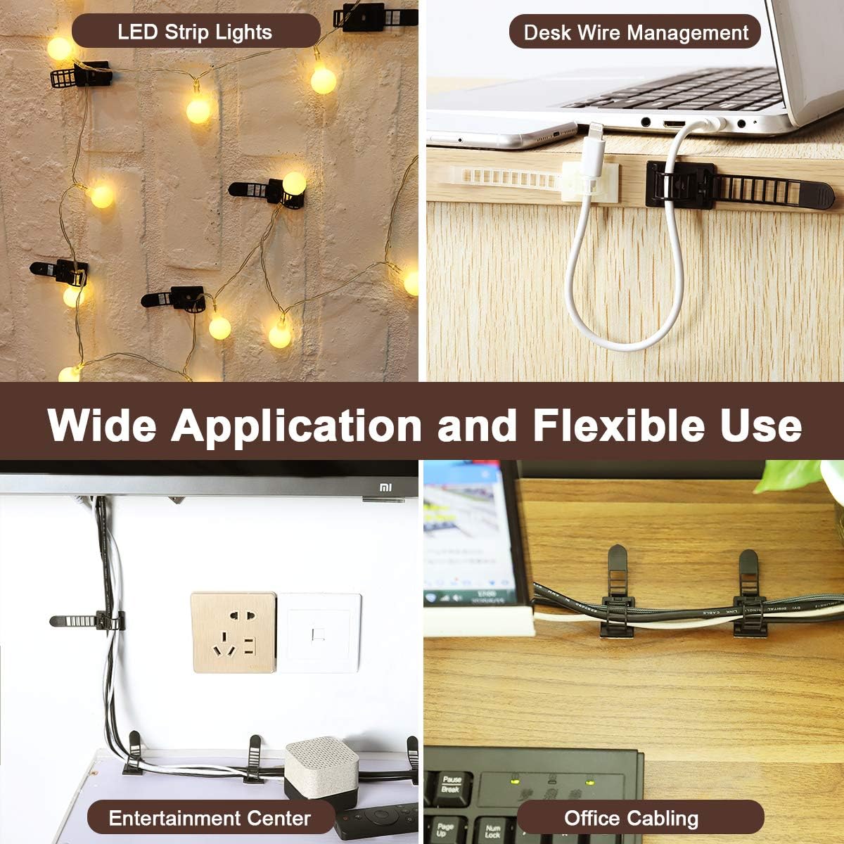 Adhesive Cable Management Clips, 50Pcs Adjustable Nylon Cable Strap Ties Wire Clips Clamps Organizer with Strong Adhesive Tape, Extra Screw & Hole for Strong Fixation Home Office - 3.55 Inch Black
