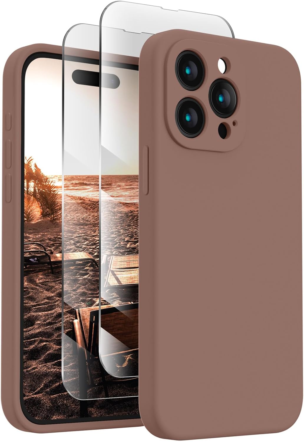 FireNova Designed for iPhone 15 Pro Case, Silicone Upgraded [Camera Protection] Phone Case with [2 Screen Protectors], Soft Anti-Scratch Microfiber Lining Inside, 6.1 inch, Light Brown