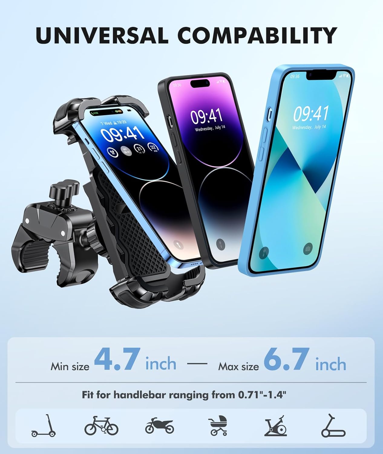 Motorcycle Phone Mount, Upgrade Bike Phone Mount [1s Lock][Secure Protection], 360° Rotatable Phone Holder for Mountain Bike/ATV/Scooter Handlebar Stand, Compatible with iPhone/Samsung 4.7-6.7"