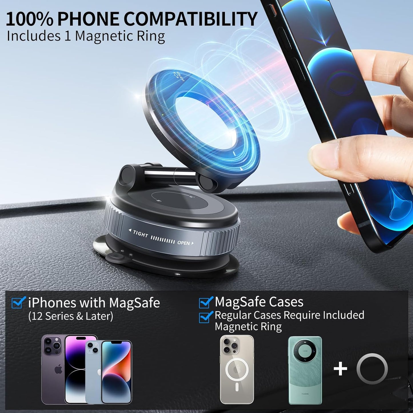 Vacuum Suction Magnetic Phone Holder, 2025 Upgraded Vacuum Suction Cup Mount for Magsafe, 360° Adjustable Foldable Portable Magnetic Car Phone Stand for Cars/Gyms/Mirrors/Smooth Surface (White)