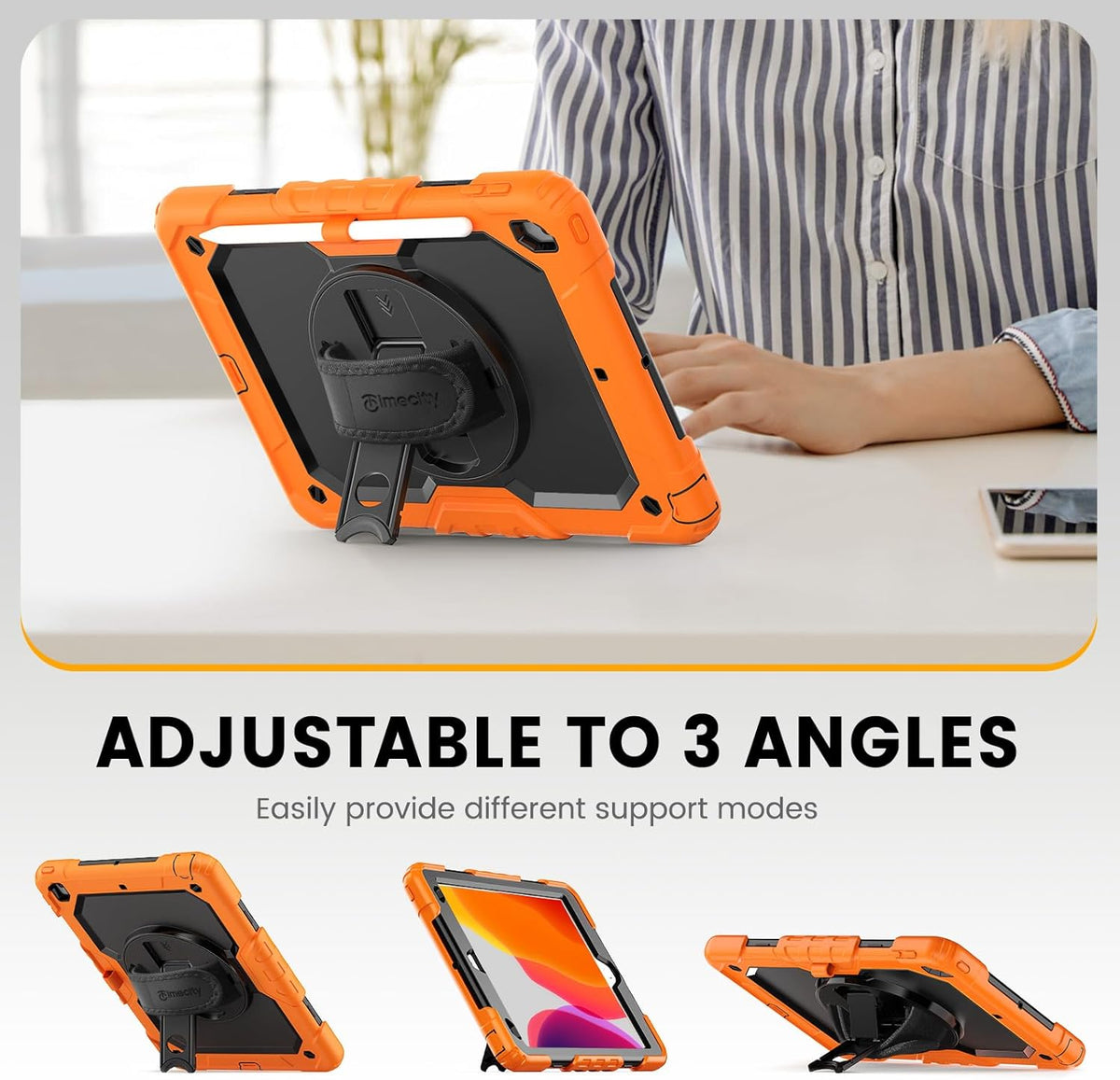 Timecity Case for iPad 9th/ 8th/ 7th Generation 10.2 inch - Heavy Duty Protective Cover with Screen Protector, Rotating Stand, Shoulder Strap & Pencil Holder | Kids-Friendly (Orange)