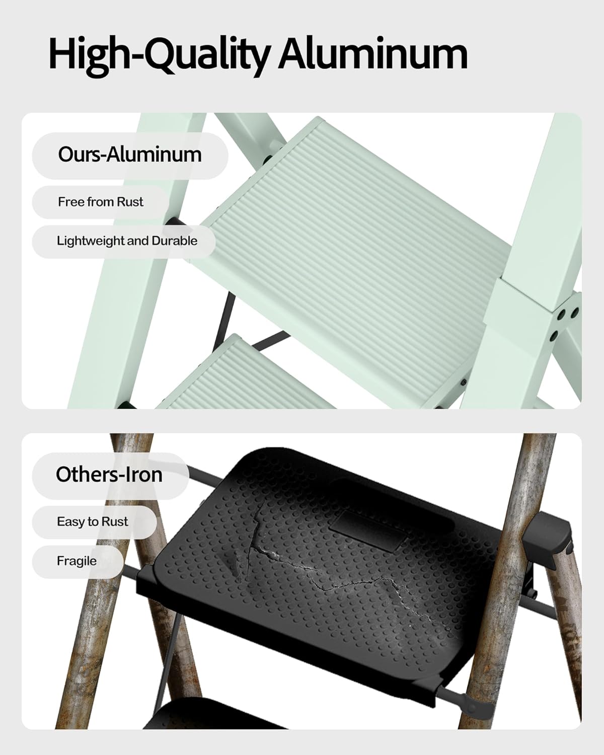 Taranta 3 Step Ladder,Lightweight Aluminum Step Stool with Convenient Handgrip, Folding Ladder with Anti-Slip Pedals, 330lbs Capacity Stepladder for Home, Office, Kitchen-Fairyland Green