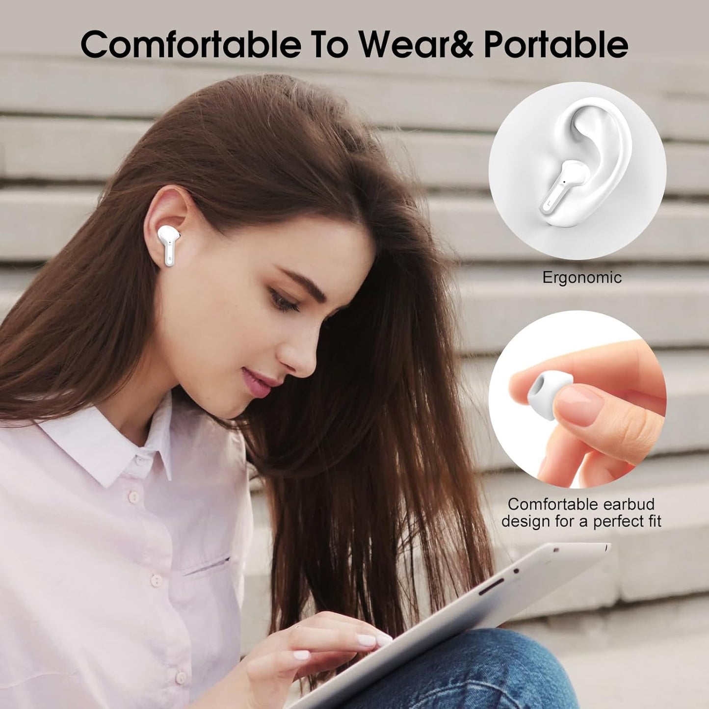 Wireless Earbuds, Bluetooth 5.4 Headphones HiFi Stereo, Bluetooth Earbuds with ENC Noise Cancelling Mic, IP7 Waterproof in Ear Earphones, 48H, LED Display Ear buds for Pad Workout Sports, White Purple