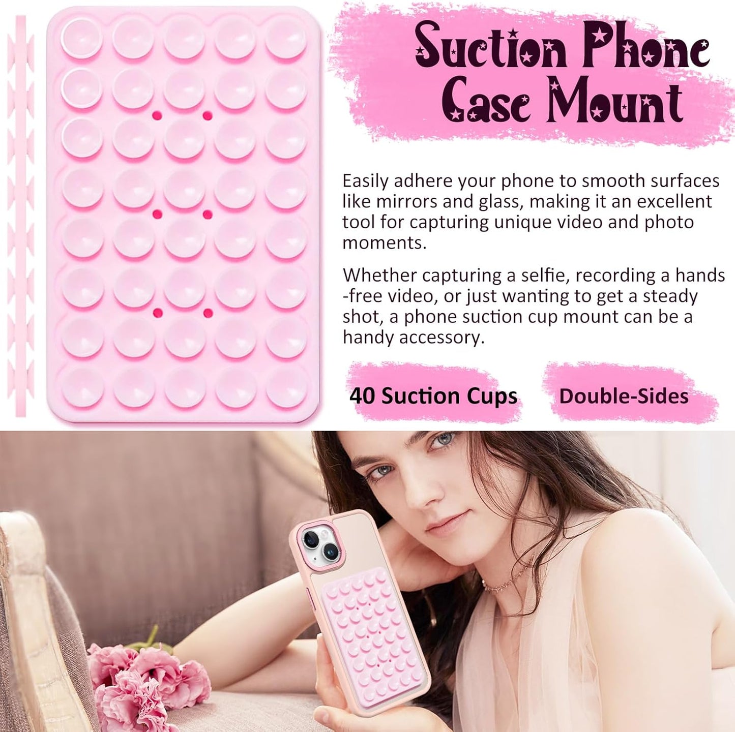 2 Pack Silicone Suction Cup Phone Case Mount Double Sided, Hands-Free Strong Grip Silicon Phone Holder, Non Slip Phone Accessories for Selfies and Videos (Black)