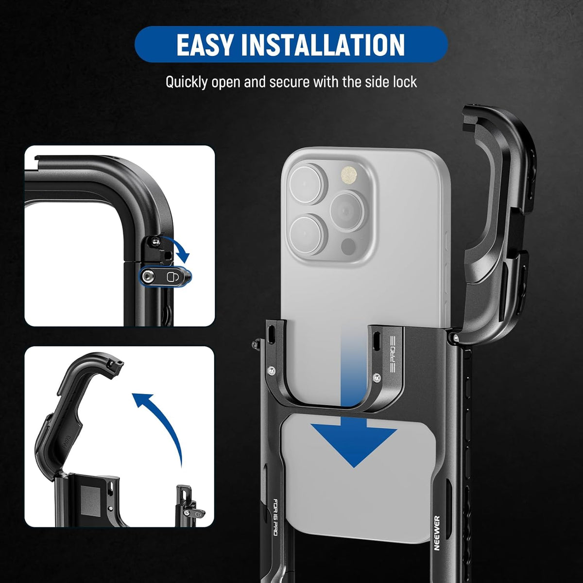NEEWER 16 Pro Cage, Quick Release Video Rig Phone Stabilizer Compatible with iPhone 16 Pro with 67mm Filter Adapter, 17mm Lens Backplate, T Mount Lens Adapter Compatible with Moment, PA073