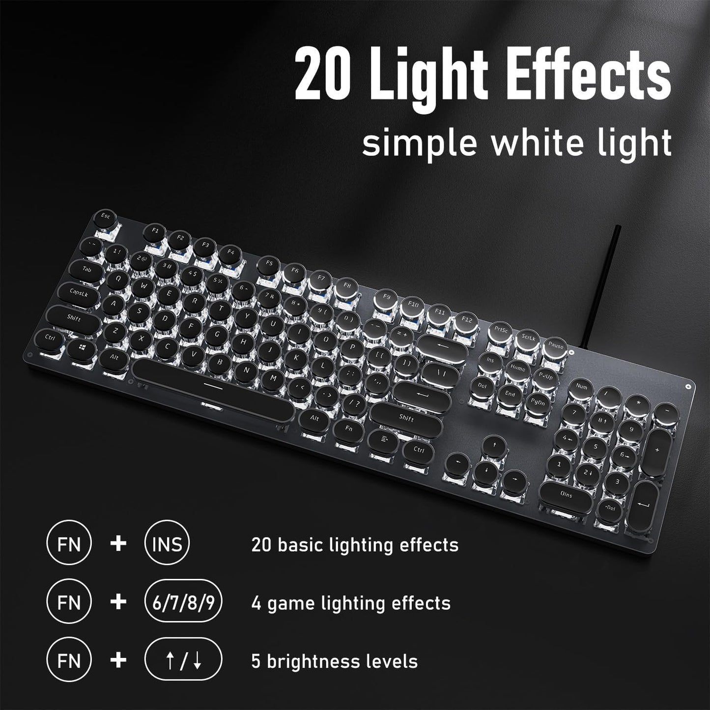 EWEADN TK100 Typewriter Keyboard Wired Mechanical Keyboard, 104 Keys Aesthetic Typewriter Keyboards with White Backlit, Anti-Ghosting, Blue Switch Wired Cute Keyboards-Black
