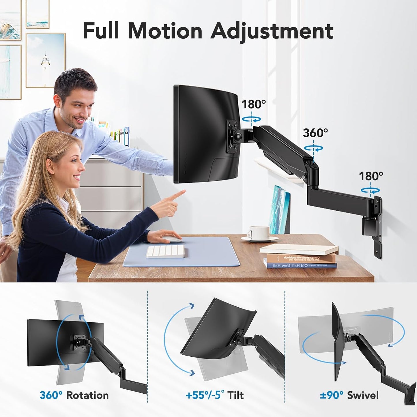 HUANUO 49 inch Ultrawide Monitor Wall Mount, Heavy Duty Screen Arm with Premium Aluminum, Supports up to 44 lbs, Gas Spring Wall Mount Monitor Arm for Height Adjustment, Tilt, Swivel, Rotate