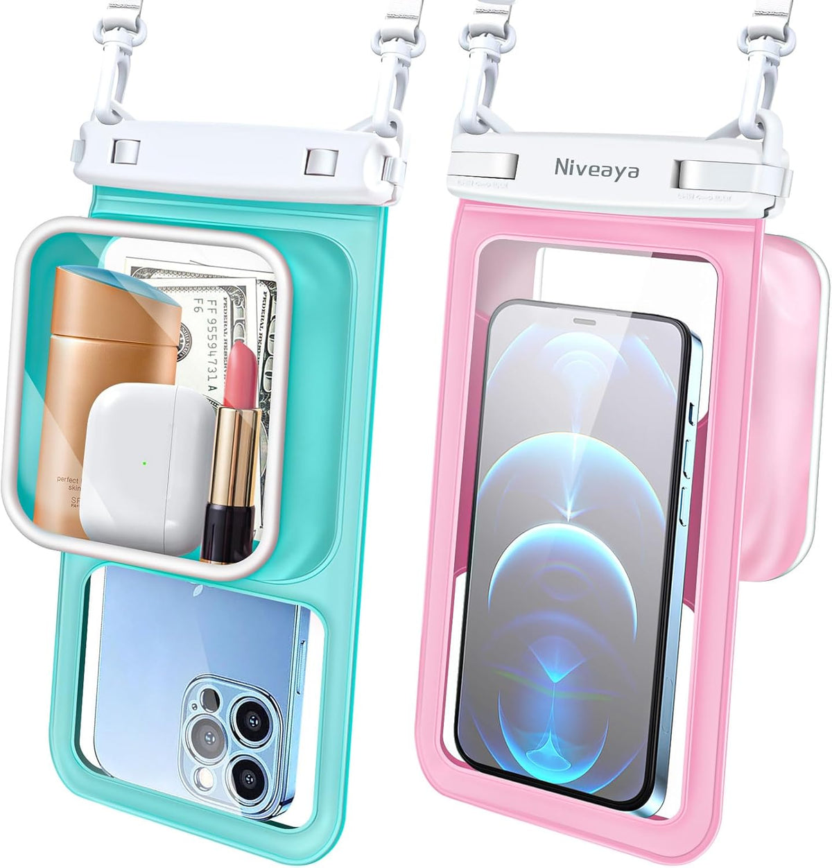 Niveaya [Floatable Floating Waterproof Phone Pouch 2 Pack-Up to 8.5", Large Space Adjustable Neck Lanyard Waterproof Phone Case, Phone Dry Bags for Vacation Beach Pool Kayak Cruise Travel Essentials