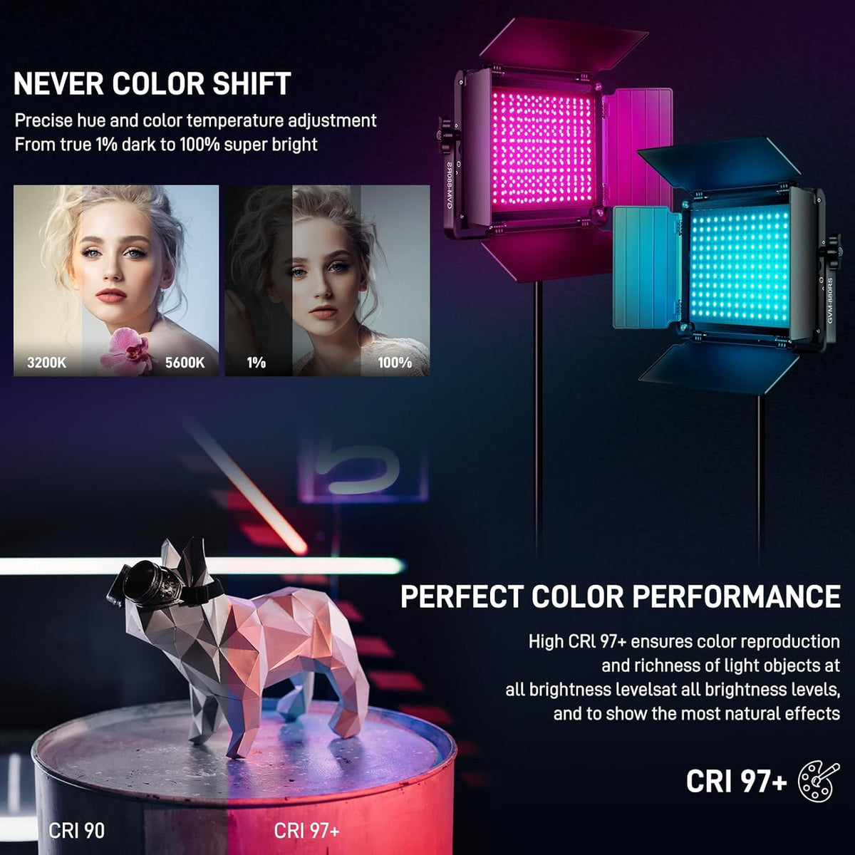 GVM RGB LED Video Light with Bluetooth Control, 60W Photography Studio Lighting Kit with Stands, 2-Packs 880RS Dimmable Led Panel Light for YouTube, Streaming, Gaming, 8 Applicable Scenes, CRI97