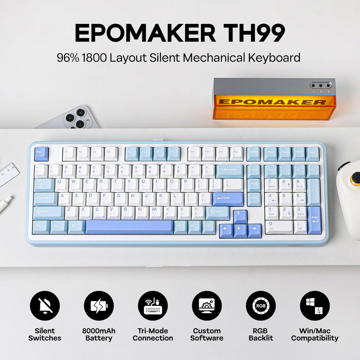 EPOMAKER TH99 Wireless Mechanical Keyboard with Lubed Silent Switch, Quiet Gaming Keyboard, 8000mAh,Creamy Gasket,RGB Backlit,Numpad,PBT Keycap,Hot Swappable,for Gamers/Office (Blue&White)