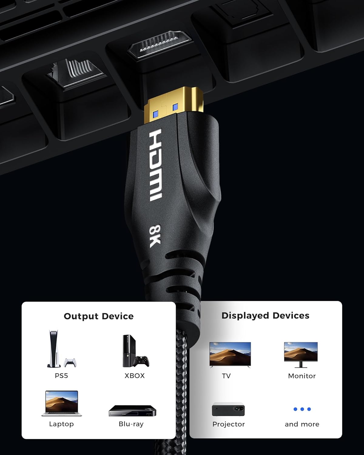 Short HDMI Cable 1.5FT/0.5M - 8K High Speed HDMI Cable,48Gbps,8K 60hz,4K 120hz,Braided,eARC - Compatible for HDTV,PS5,PS4,Blu-ray