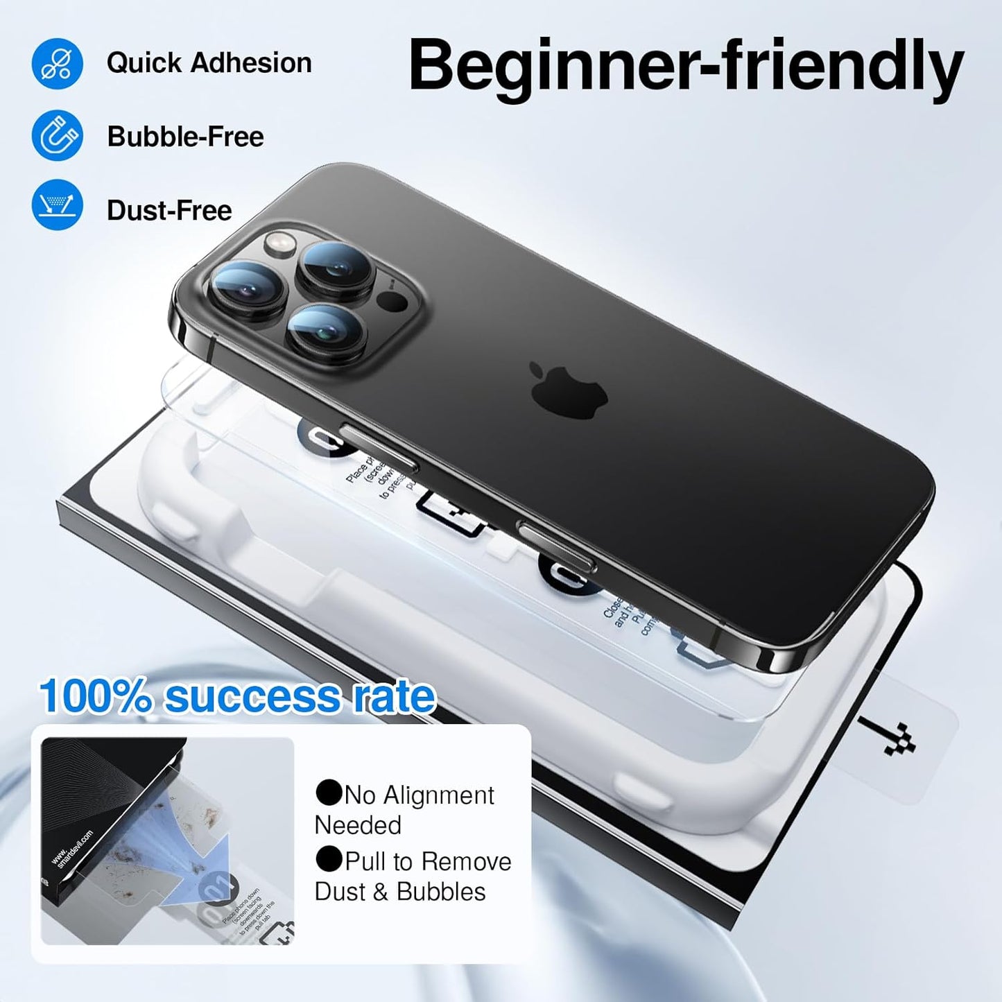 SMARTDEVIL 3 Pack Screen Protector for iPhone 15 Pro Max, Bubble-and-Dust-Free Box, HD Tempered Glass, Military Grade Shatterproof & Ultra Durable, Easy Installation