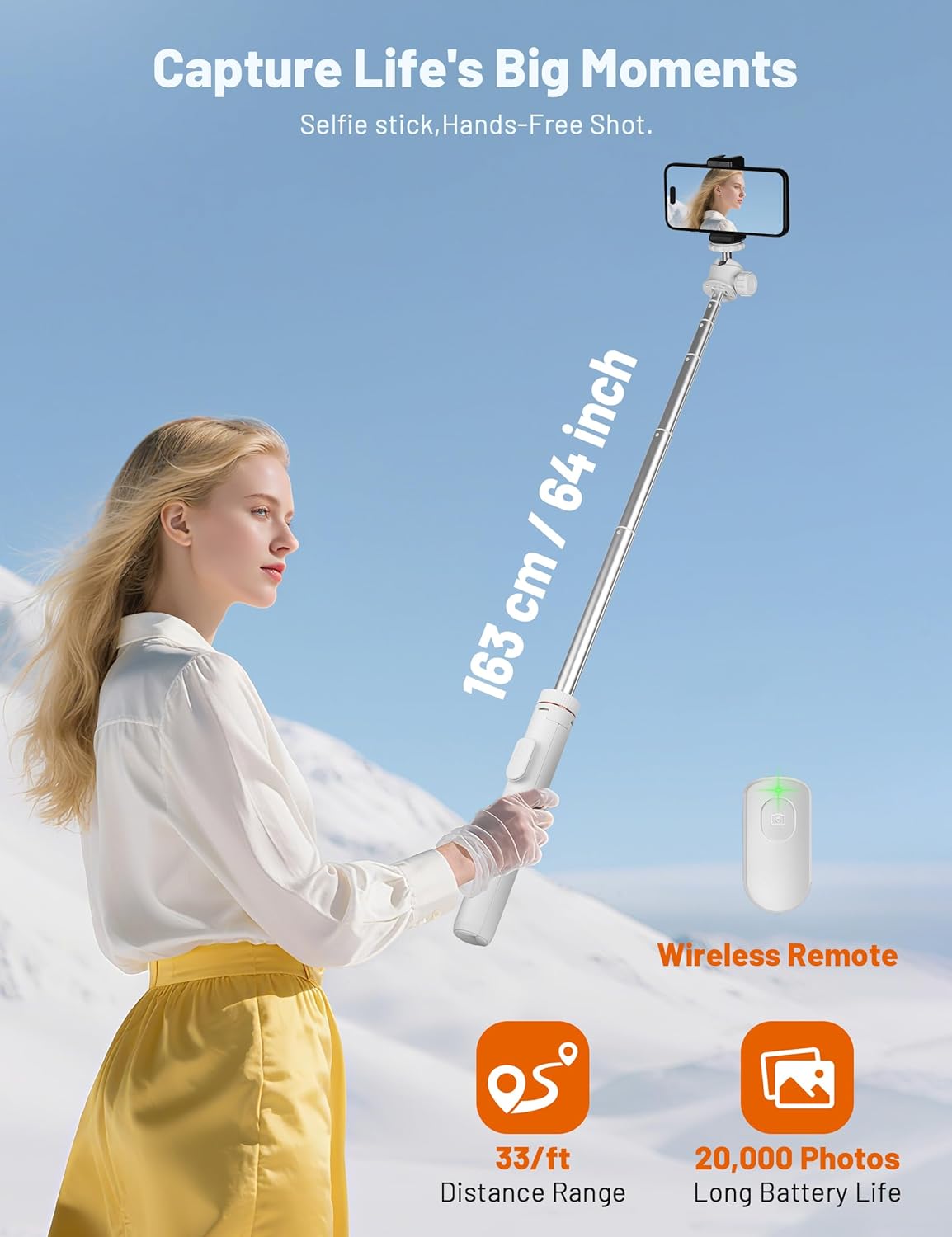 JOILCAN Tripod for iPhone & Camera, 64" Selfie Stick with 360° Ball Head Remote & Phone Holder, Extendable Portable Phone Tripod Stand for Travel Vlog Compatible with Canon Sony DLSR DJI (White)