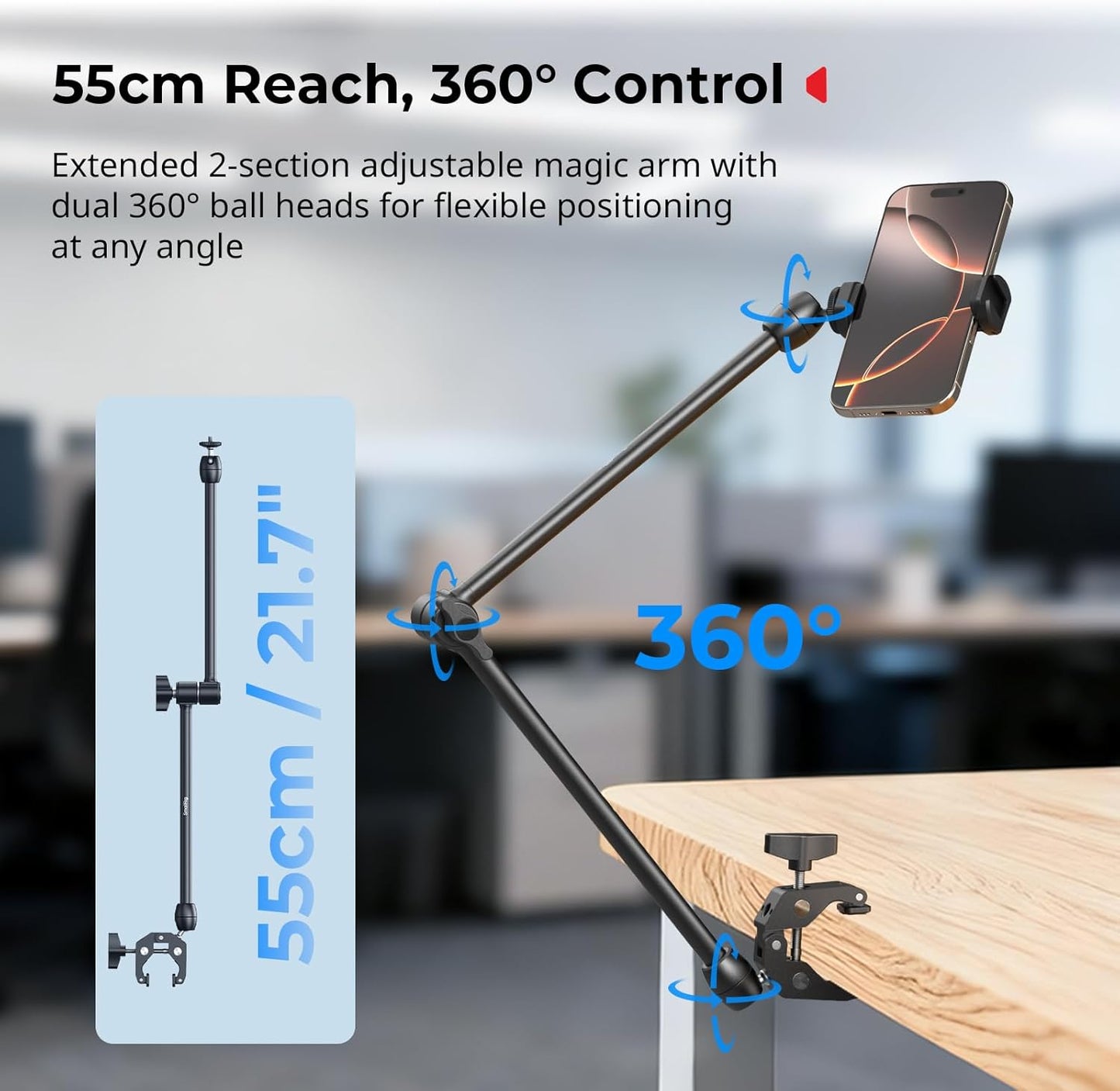 SMALLRIG Desktop Magic Arm Support with Crab-Shaped Clamp Kit, Aluminum Alloy, 24.3x4.5x1.1 in, 0.6lb Payload, for Smartphones, Webcams, Action Cameras, 5624