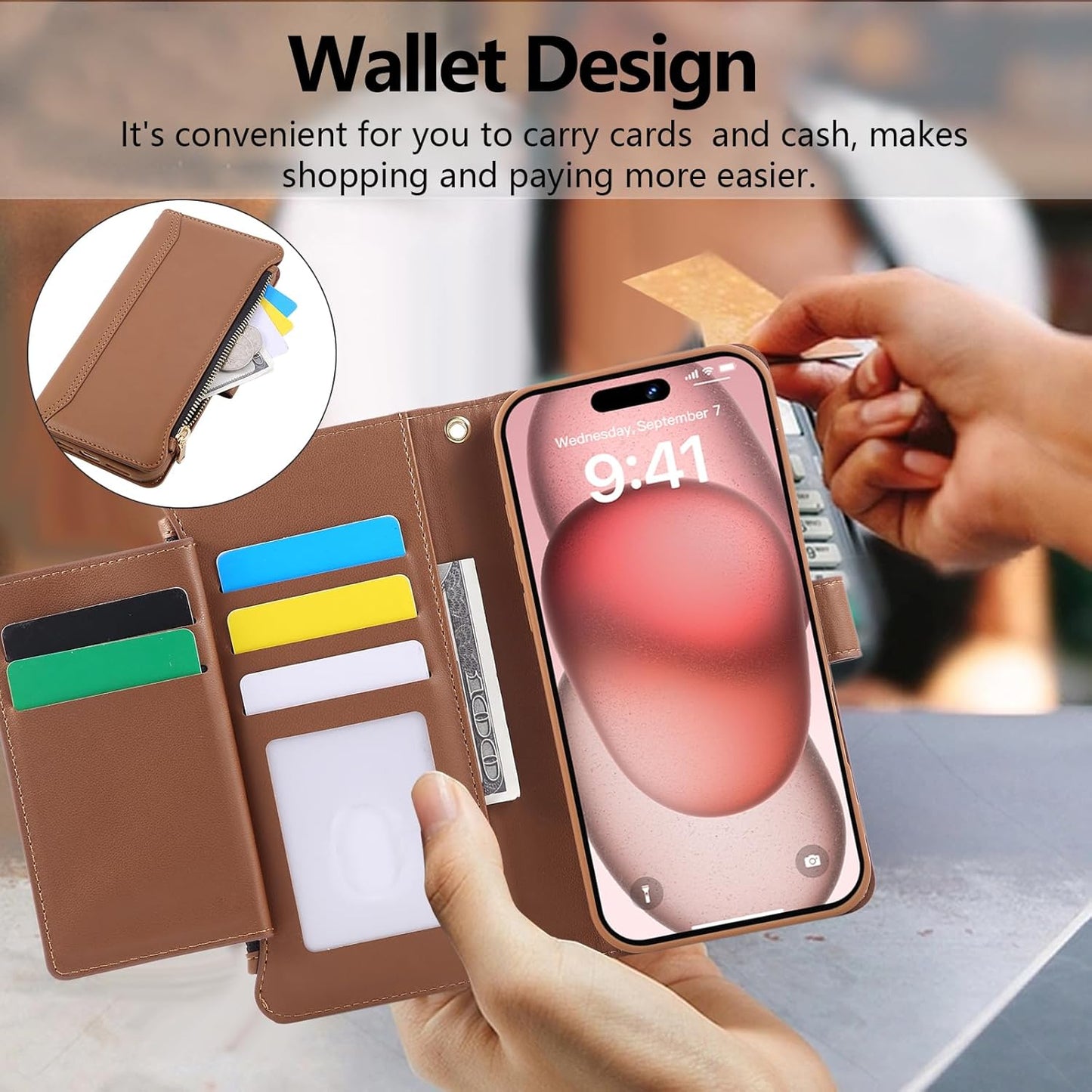 Compatible with iPhone 13 Pro Max Wallet Phone Case-PU Leather Magnetic Flip Cover with Credit Card Slots,Zipper Pocket & Detachable Wrist Strap,Shockproof Design,for Women and Men-Brown