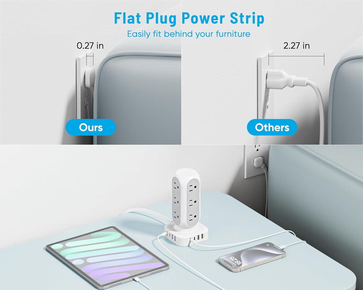 65W Fast Charging Station, Flat Plug Power Strip Tower with 12 AC Outlets & 8 USB Ports (2 PD USB-C Ports), 10FT Extension Cord, Compatible for MacBook Pro, iPhone Series.