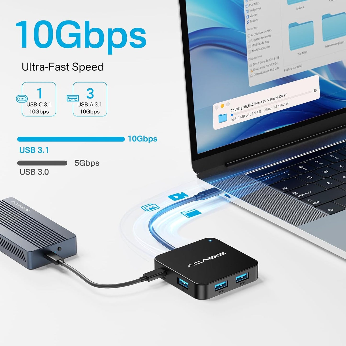 ACASIS USB C Hub 10Gbps, Multiport Adapter with 4K 60Hz HDMI, 100W Power Delivery, USB A3.2 Data Port, USB C to HDMI Adapter for MacBook, Dell, Lenovo, Surface, iPad PRO, XPS(Black)