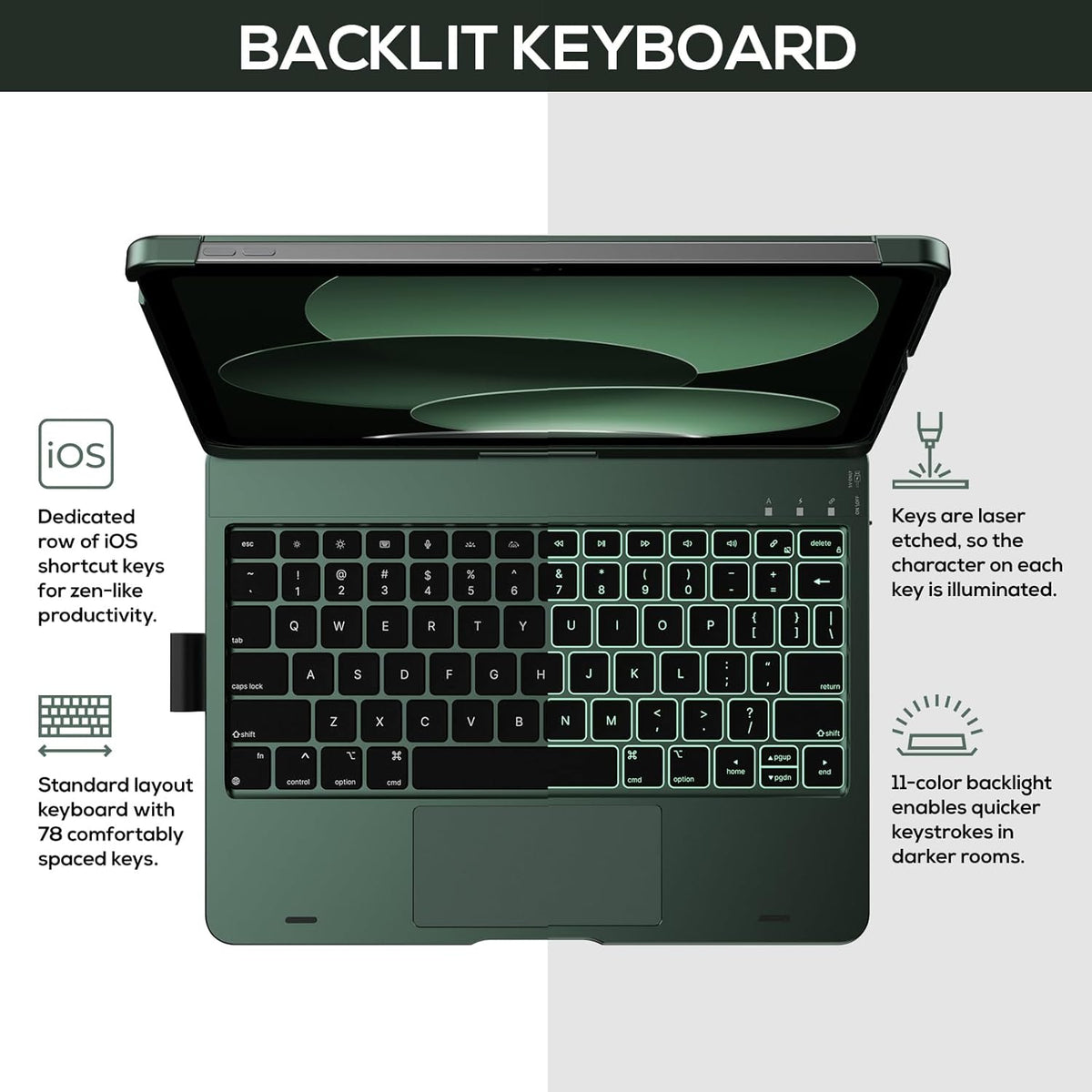 typecase Touch iPad 10th Generation Case with Keyboard (10.9", 2022) and iPad A16 (11th Gen, 2025) – 360° Rotatable, 11-Color Backlit, Multi-Touch Trackpad, Thin & Light (Midnight Green)