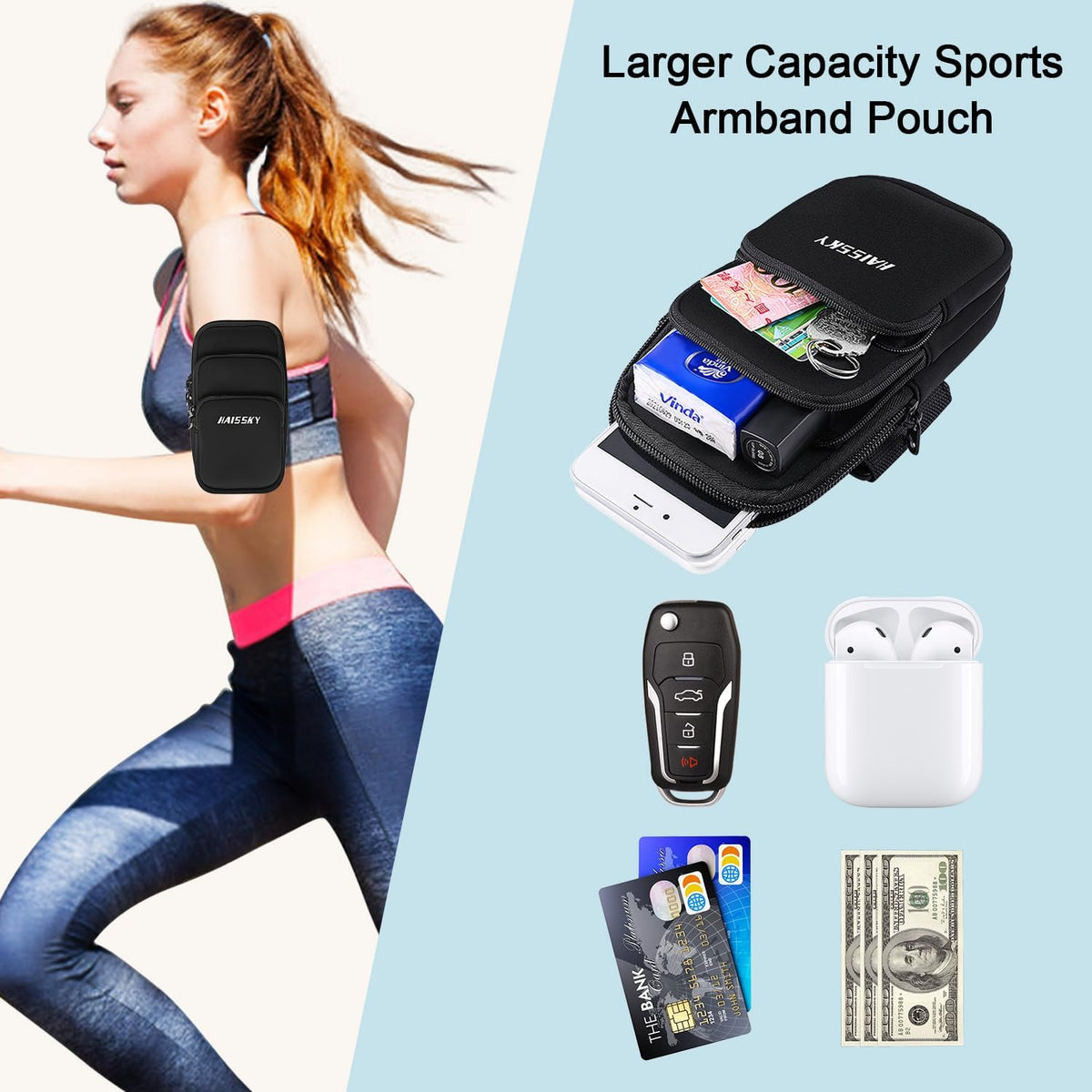 3 Pockets Running Phone Armband Holder for iPhone 16 15 14 Pro Max 13 Plus 12 11 XS XR X 8 7 Galaxy S23 Pouch Key Card Bag, Water Resistant Cell Phone Sport Arm Bands for Exercise Walking Workout Gym