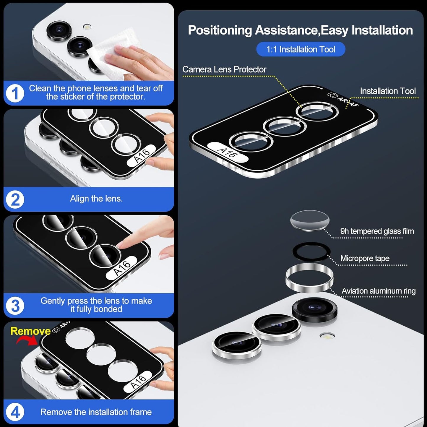 for Samsung Galaxy A16 Camera Lens Protector, Individual Metal Ring Tempered Glass Lens Cover, [Strong Adsorption] Scratch Resistant Ultra-Thin HD Clear Lens Cover, 1 Set-Slivery Ring