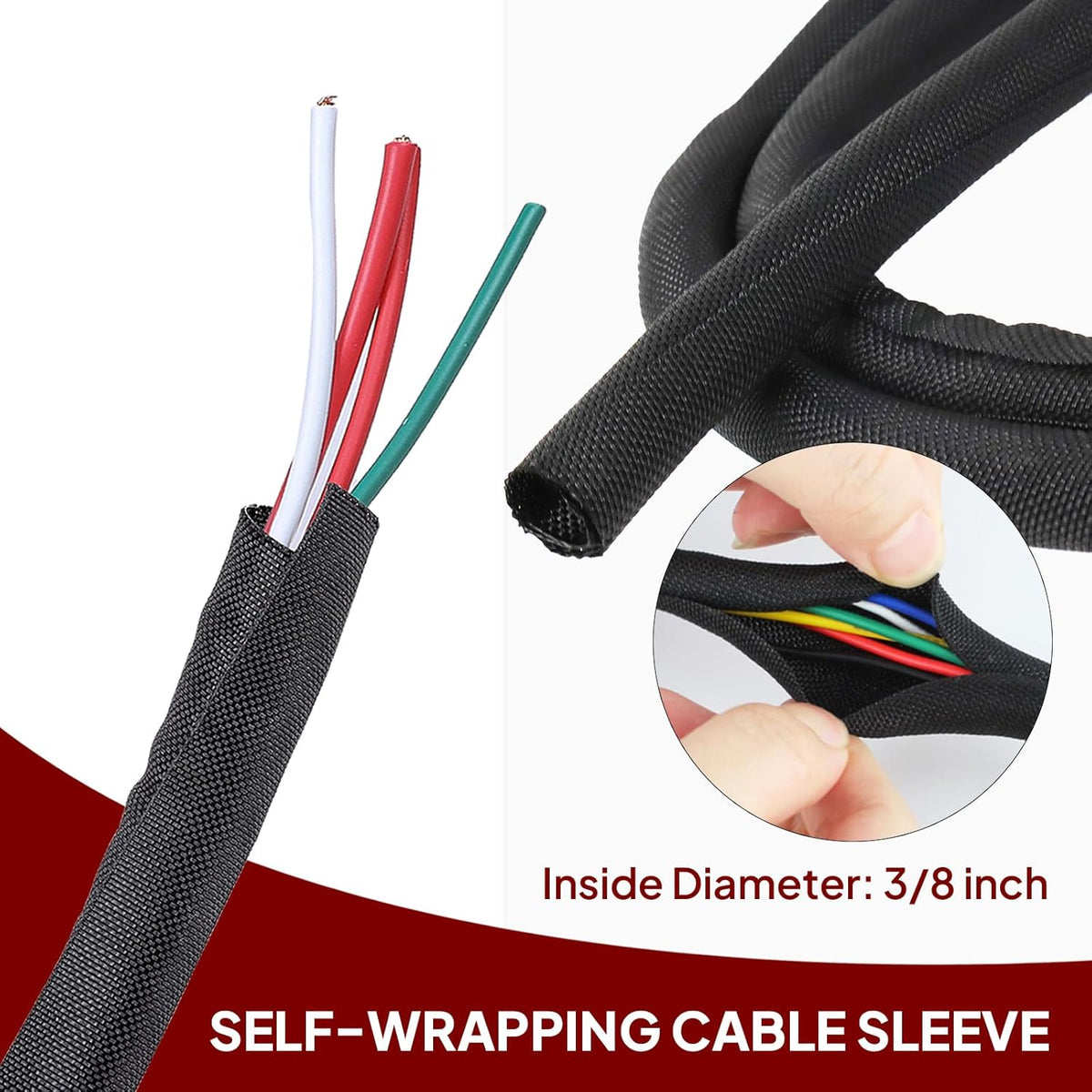 Black Braided Cable Management Sleeves Wire Loom Tubing Cord Protector Self-Wrapping (3/8"-12Feet)