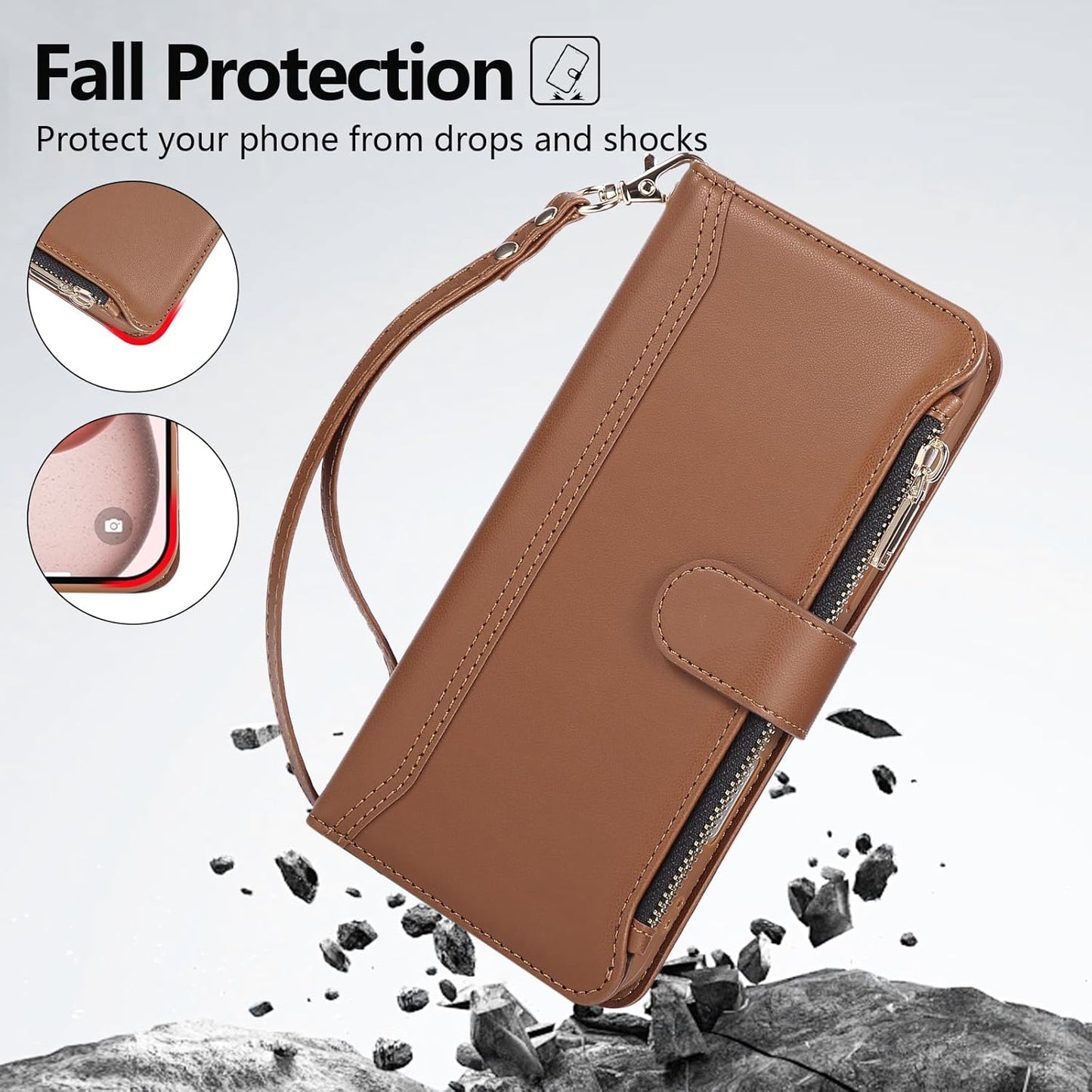 Compatible with iPhone 12 Pro Max Wallet Phone Case-PU Leather Magnetic Flip Cover with Credit Card Slots,Zipper Pocket & Detachable Wrist Strap,Shockproof Design,for Women and Men-Brown