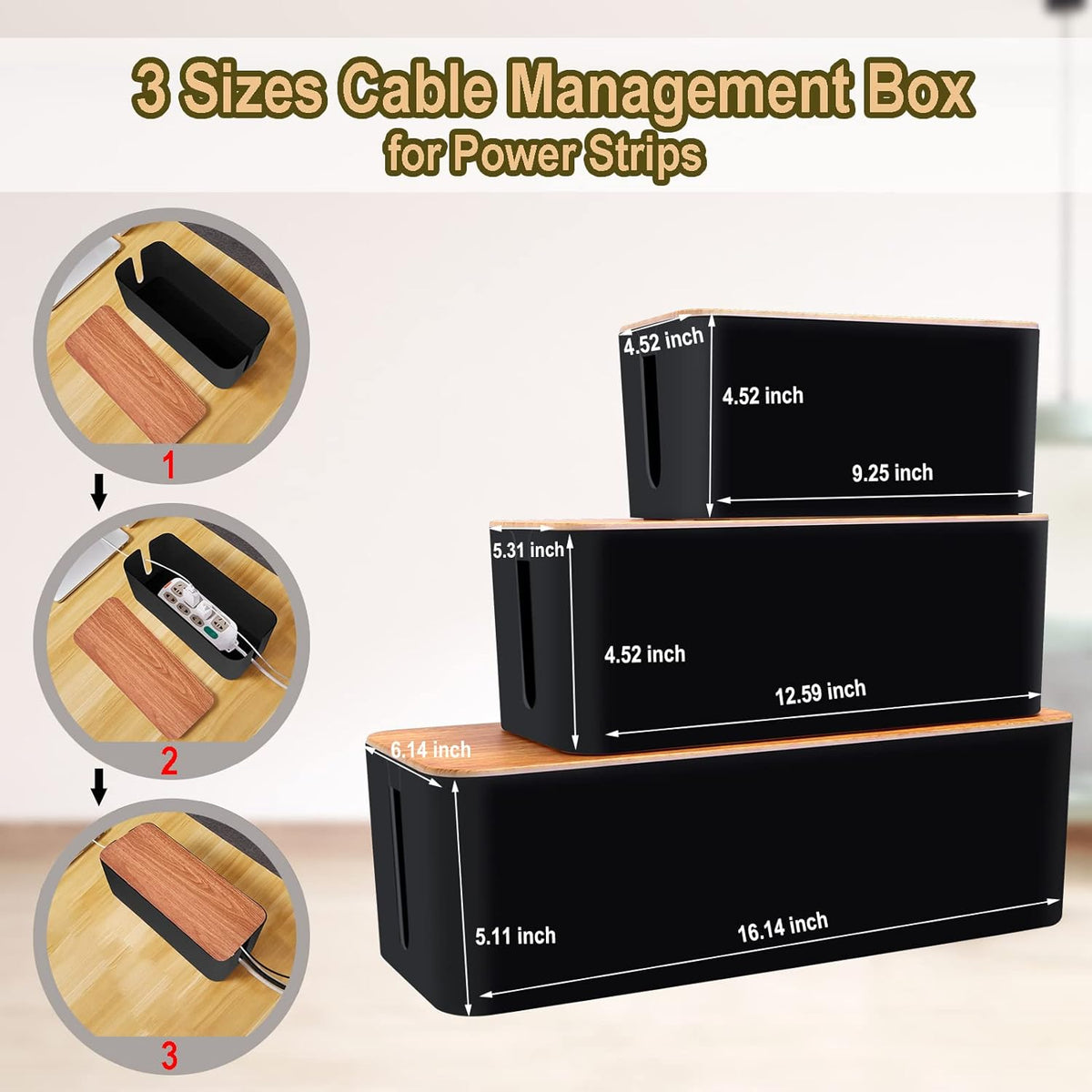 Cable Management Box 3 Pack with 125PCS Cable Management Kit for Power Strip to Hide Wires,Cord Organizer Boxes,Safe ABS Material Wire Organizer of Cable Clips Sleeve for Home & Office