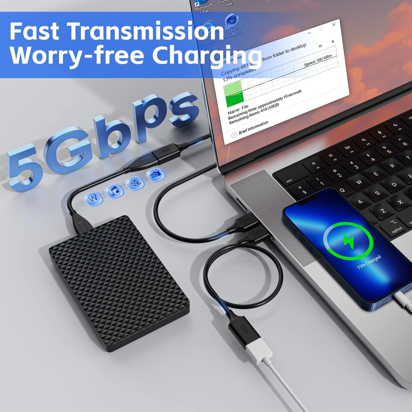 USB 3.0 Extender Cable 1FT (3 Pack), USB A Female to Male, Compatible With Flash Drive, Hard Drive, Card Reader, Webcam, Printer, Keyboard, Mouse, PlayStation, Xbox, VR Headset