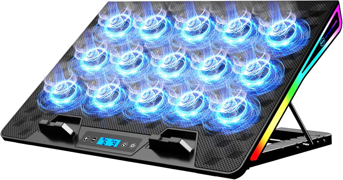 KeiBn Laptop Cooling Pad, Gaming Laptop Fan Cooling Pad with 15 Quiet Fans, RGB Laptop Cooler for 10-17.3 Inch, 4 Height Stands, 2 USB Ports - Blue