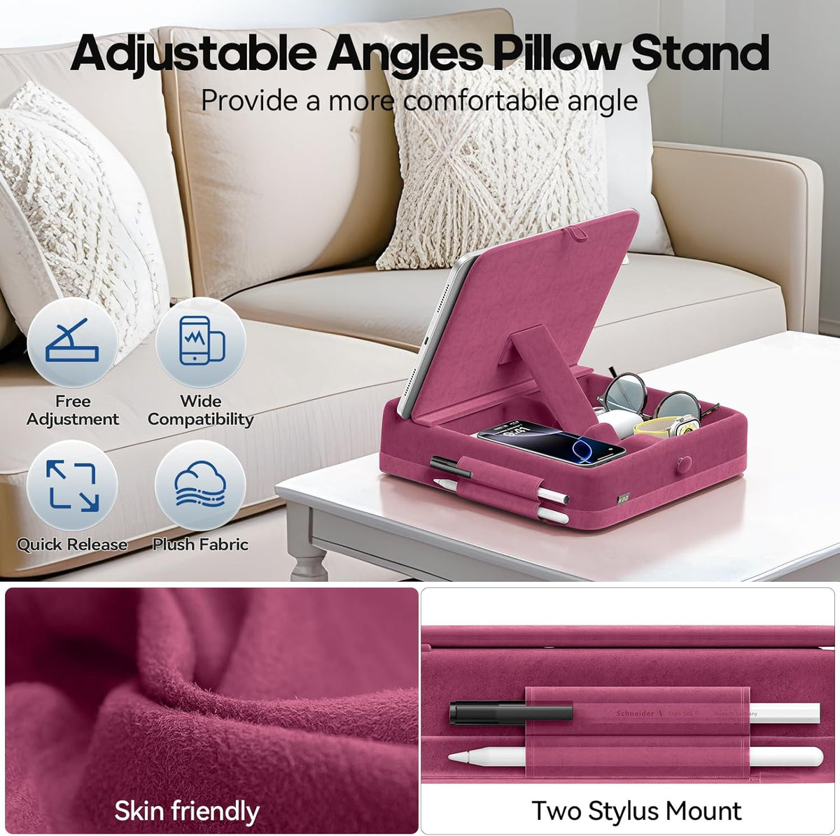 KDD Tablet Pillow Stand with Storage, Foldable iPad Holder for Lap, Desk and Bed, Angle Adjustable Soft Pad Dock with Stylus Mount Compatible with iPad Pro, Air, mini, Book, Phone and Tablet (4-13")